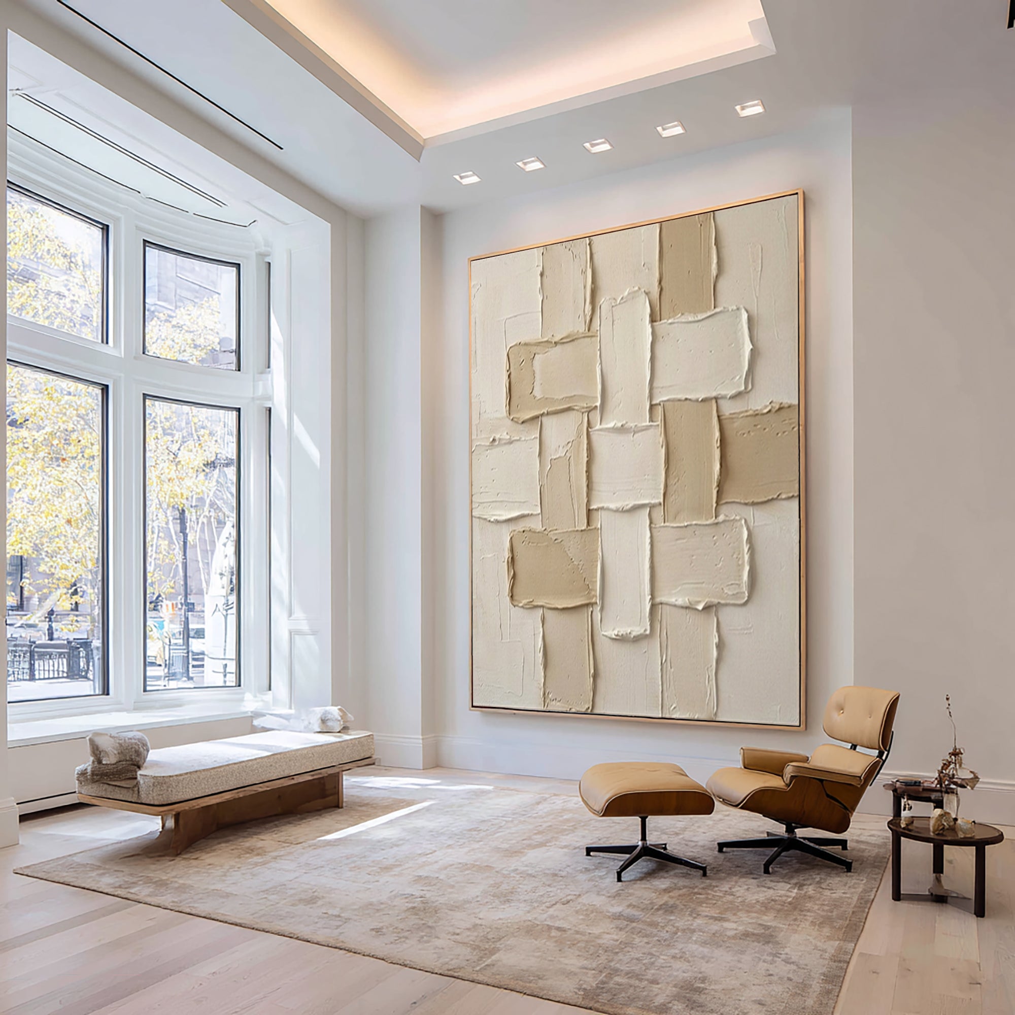Large Neutral Interlocking Textured Canvas Art Modern Geometric Wall Decor