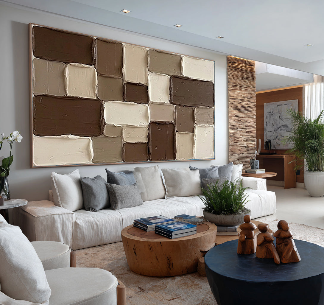 Large Geometric Textured Canvas Art Neutral Brown Abstract Painting | ArtvistaGallery