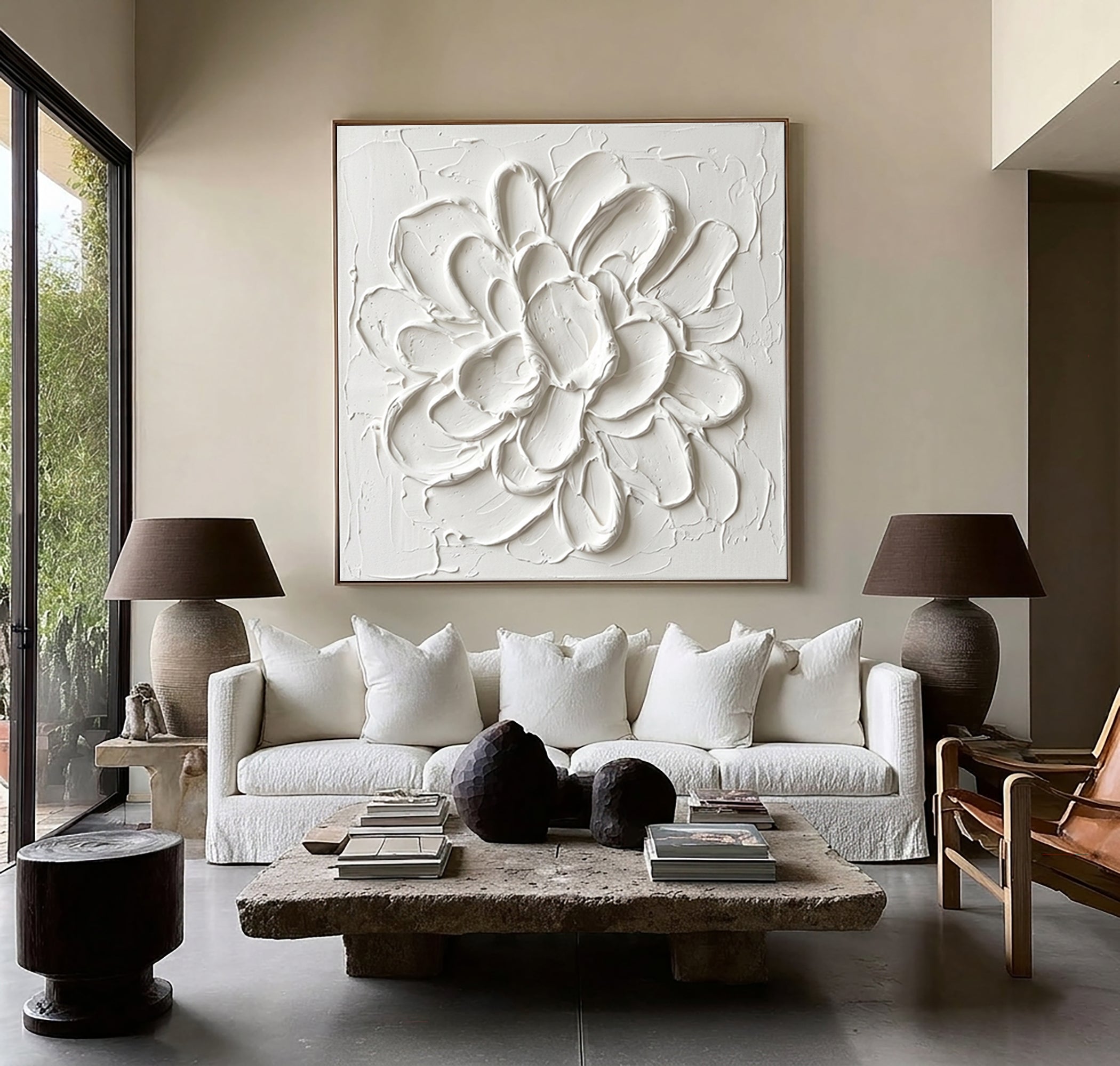 Large Blooming Relief Texture Canvas Art Contemporary Neutral Wall Decor