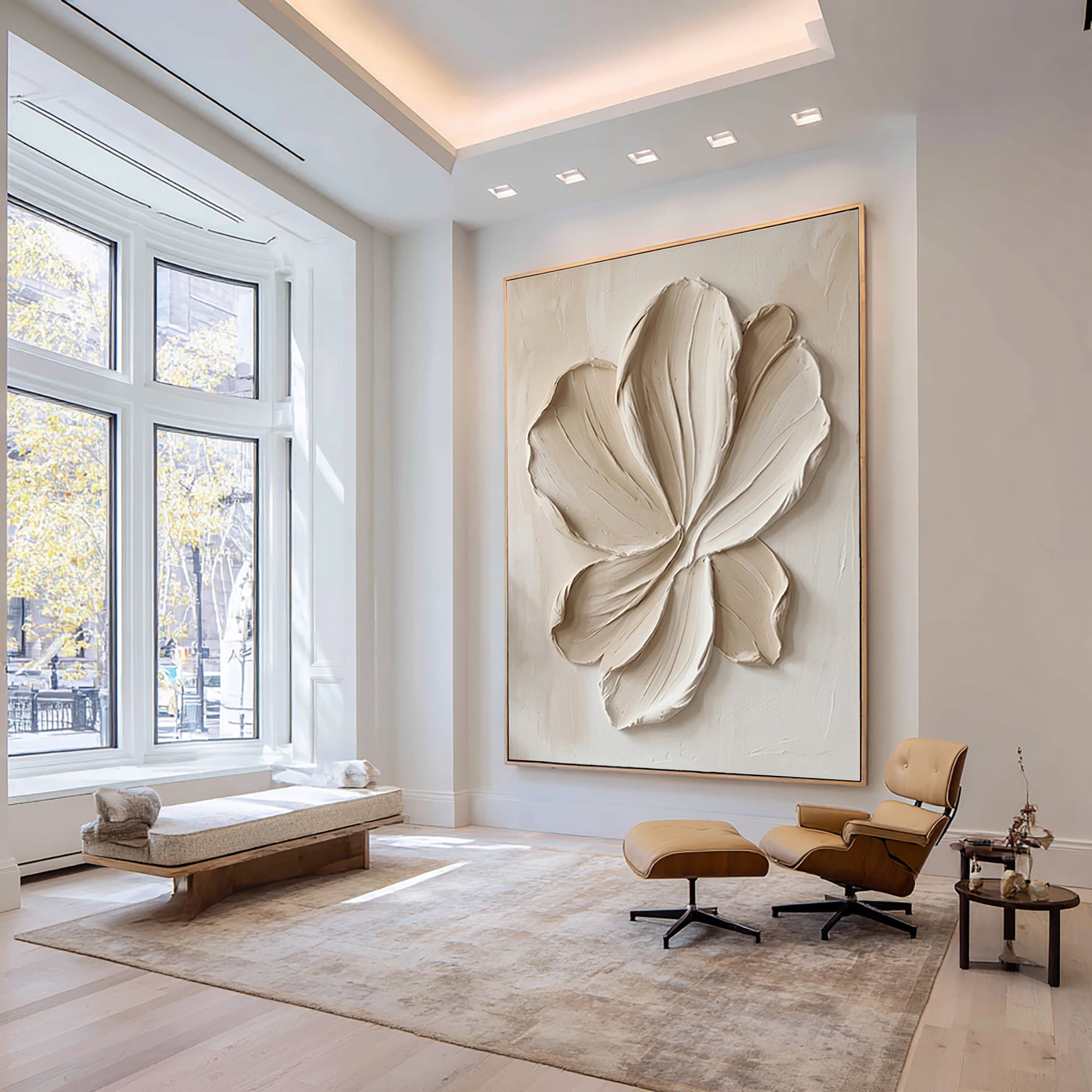 Large Neutral Floral Textured Canvas Art Modern Sculptural Petal Wall Decor