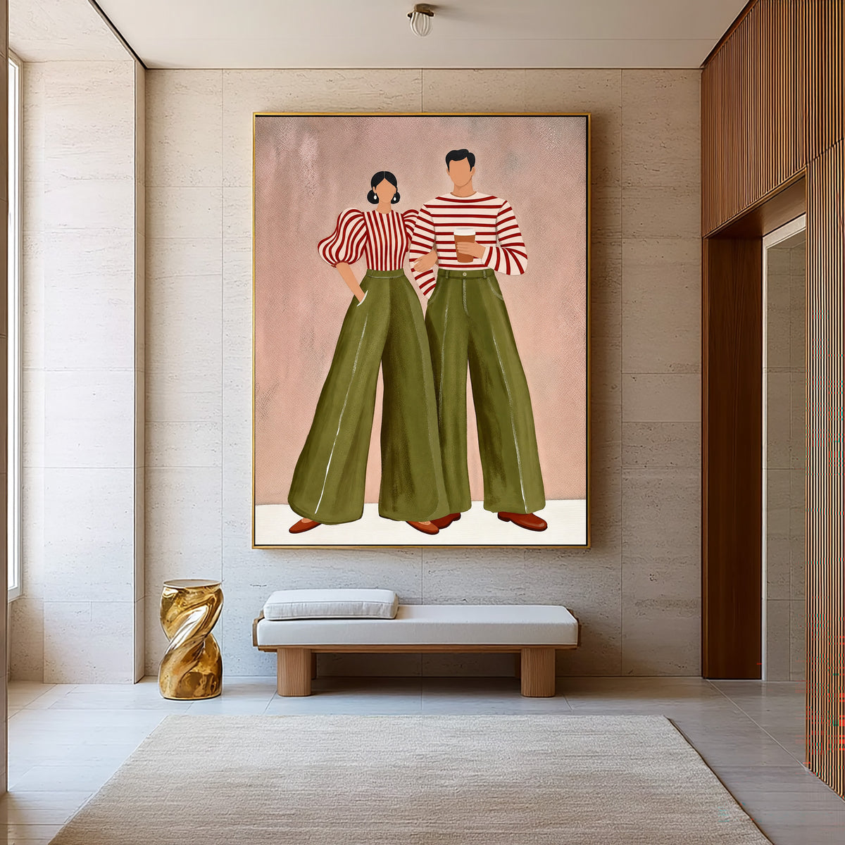 Contemporary Fashion Couple Painting Green Pants Striped Tops Wall Art