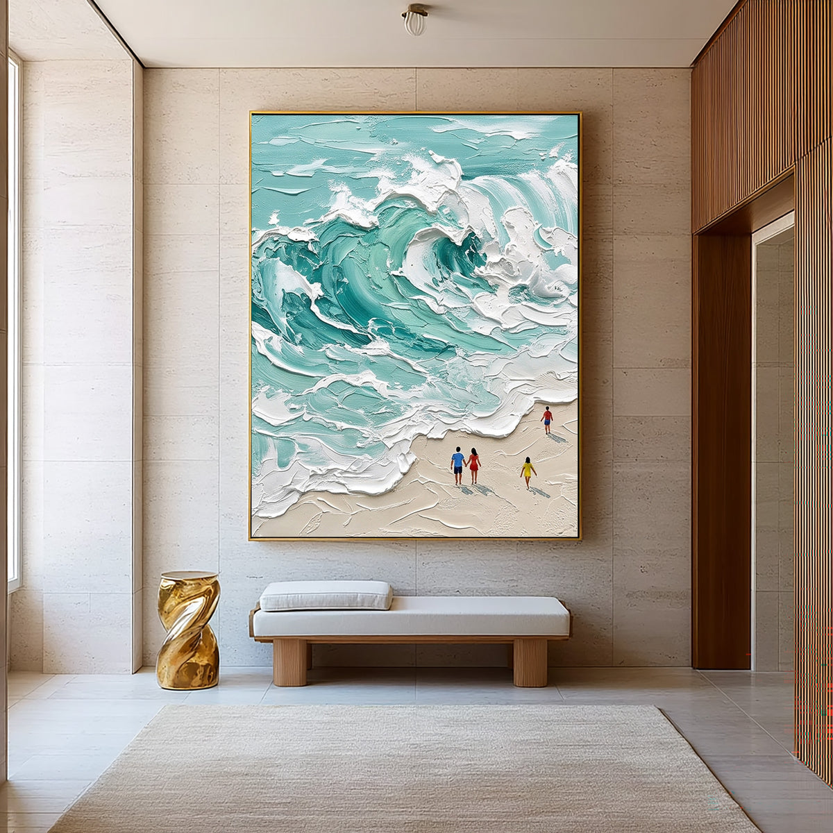 Large Minimal Turquoise Ocean Wave Wall Art Textured Oil Painting Coastal Seascape Beach House Artwork Modern Home Decor