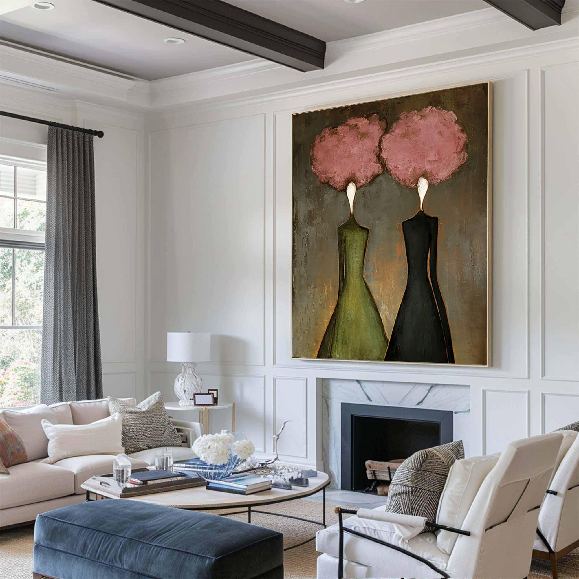 Large Abstract Pink Portrait Oil Painting – Statement Figurative Wall Art Decor #WAB 036