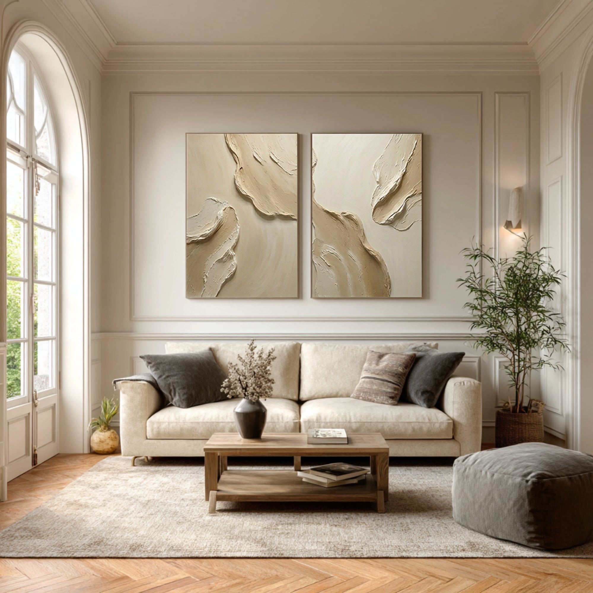 Large Neutral Textured Diptych Wall Art Beige Abstract Canvas Set