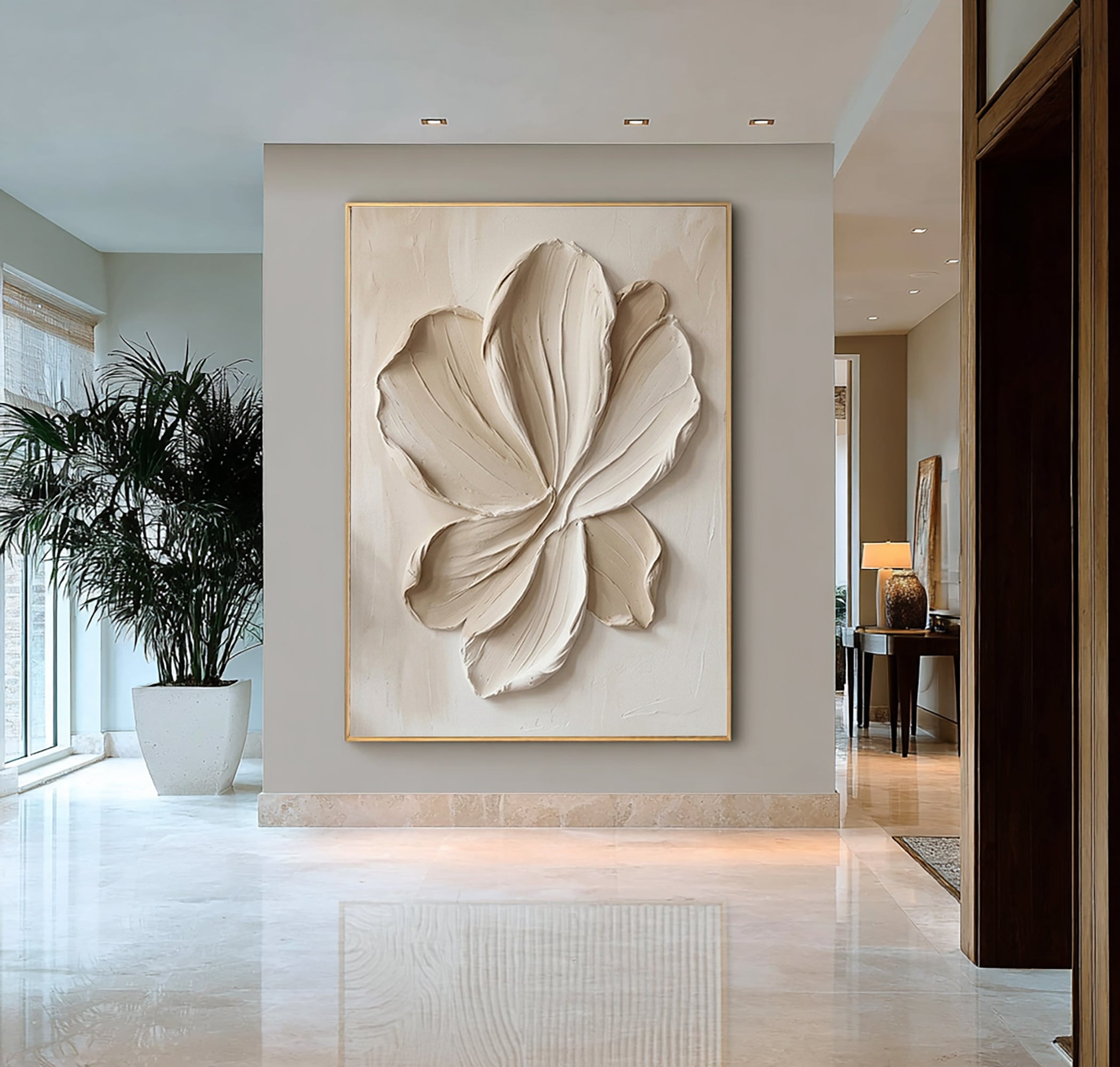 Large Neutral Floral Textured Canvas Art Modern Sculptural Petal Wall Decor