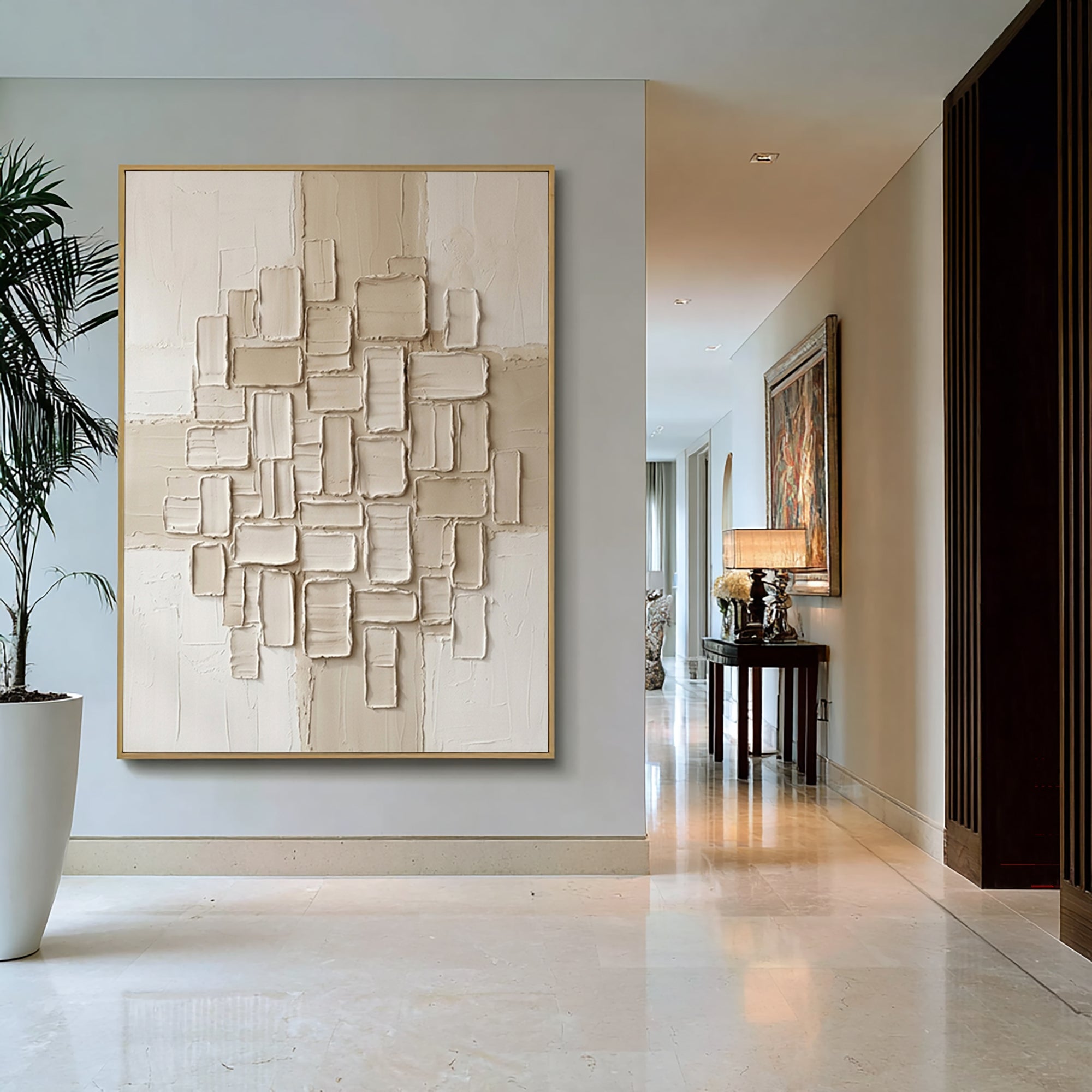 Large Contemporary Beige Texture Canvas Art with Sculptural Relief Design