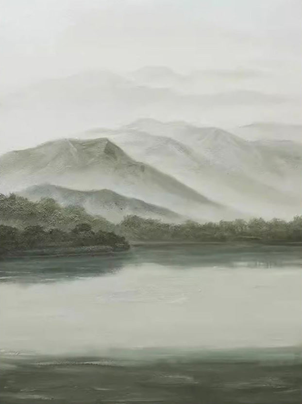 Tranquil Green & Gray River Landscape, Atmospheric Painting #BGA 173