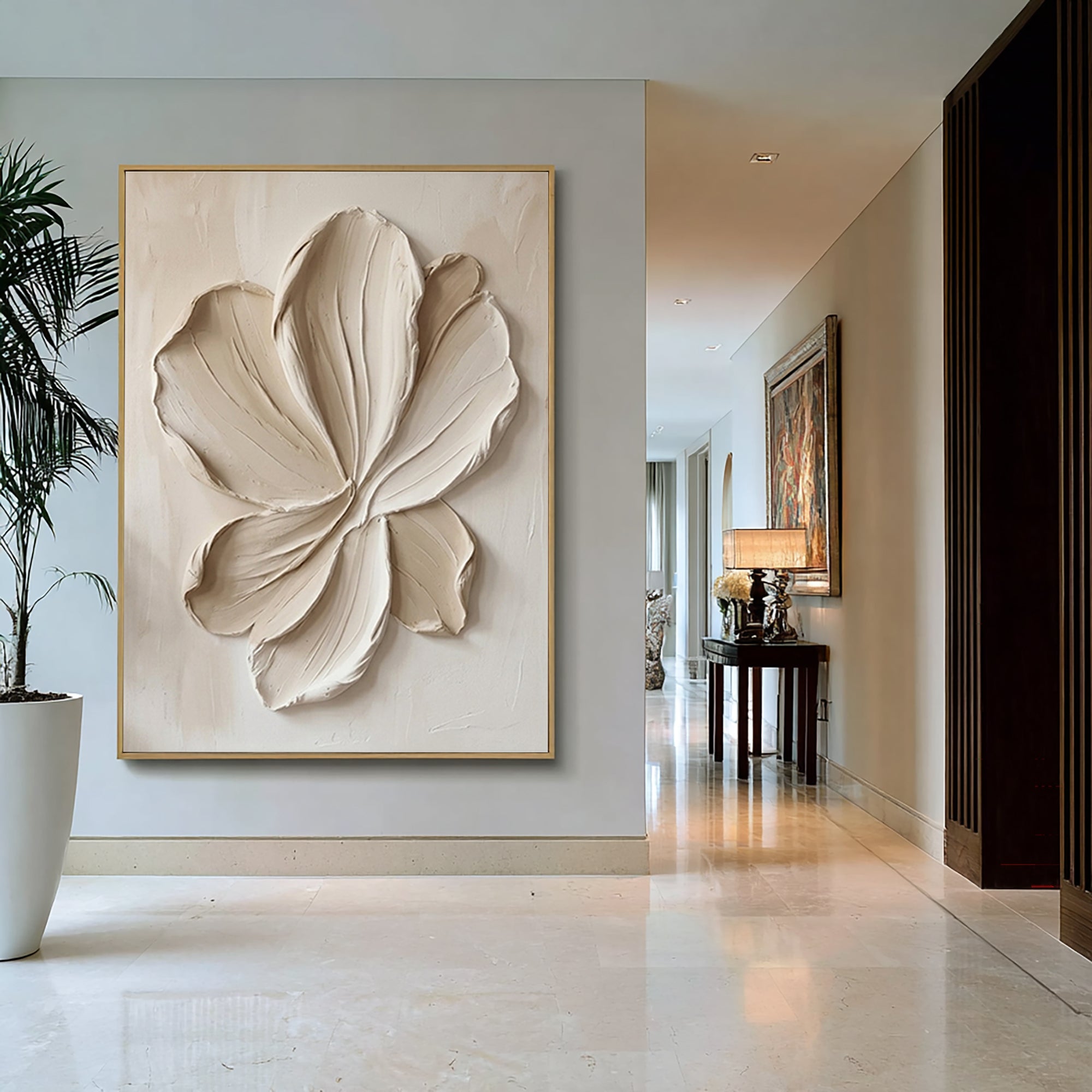Large Neutral Floral Textured Canvas Art Modern Sculptural Petal Wall Decor