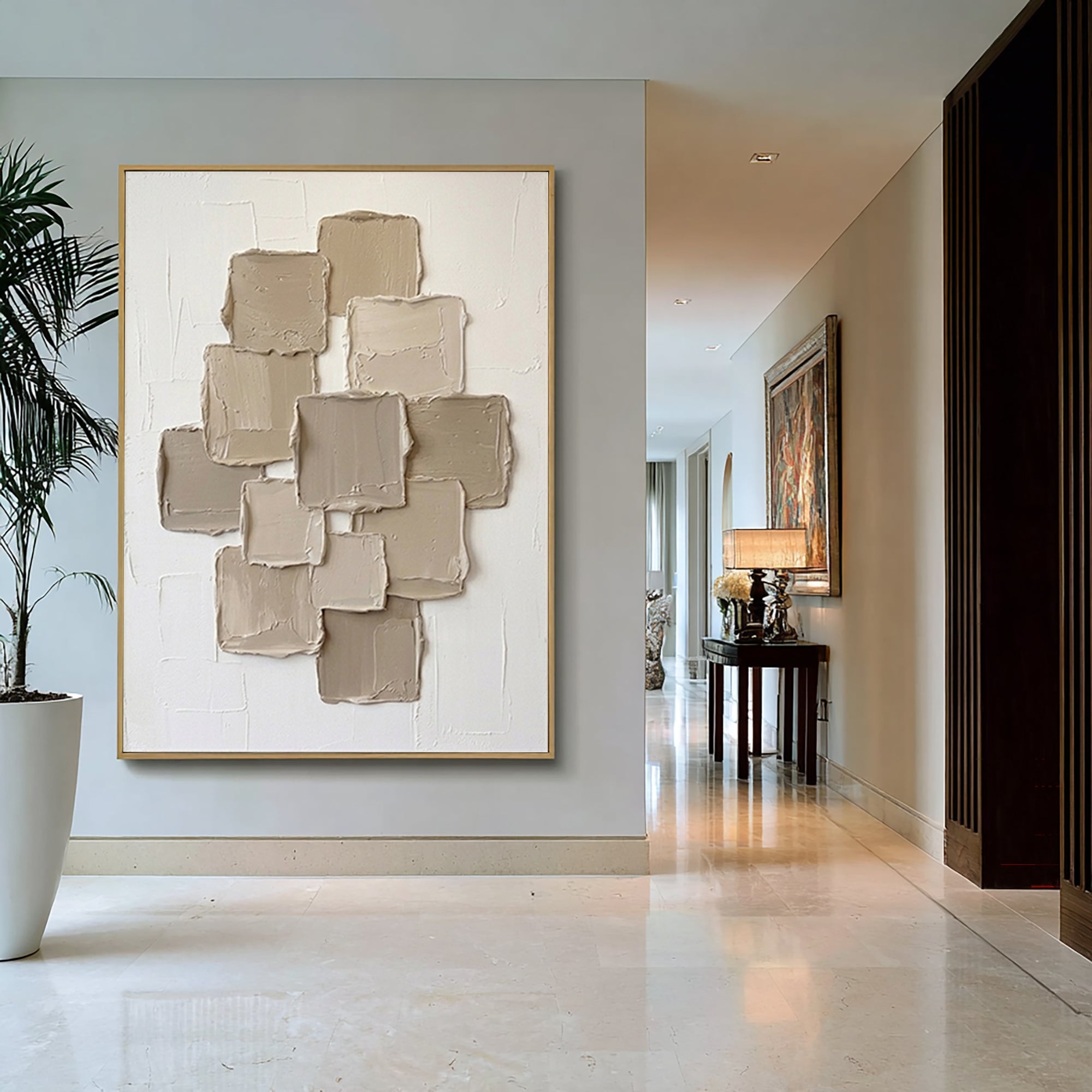 Large Stacked Cubes Textured Canvas Art Contemporary Neutral Wall Decor