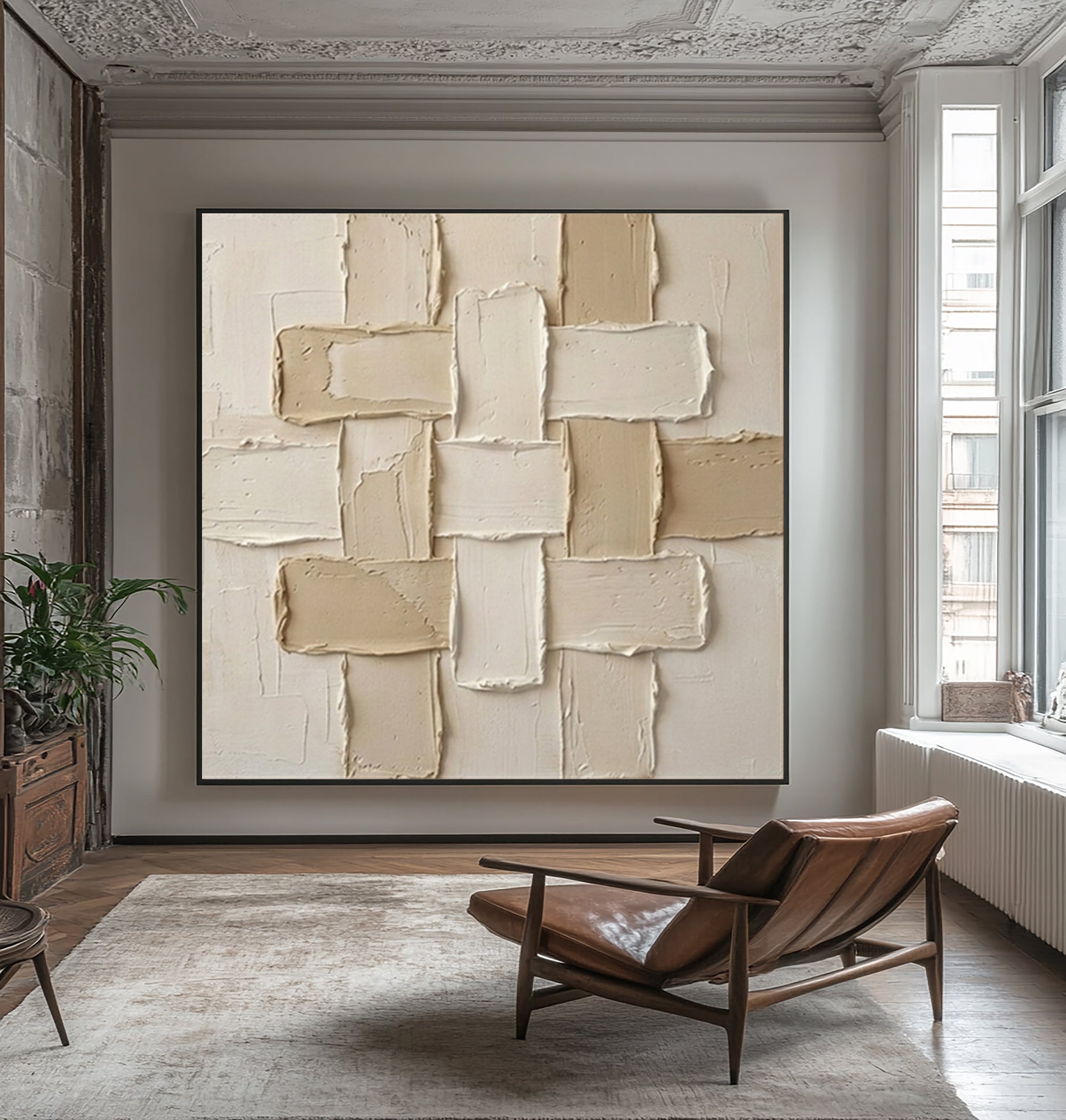 Large Balanced Relief Grid Wall Art Minimalist Neutral Painting