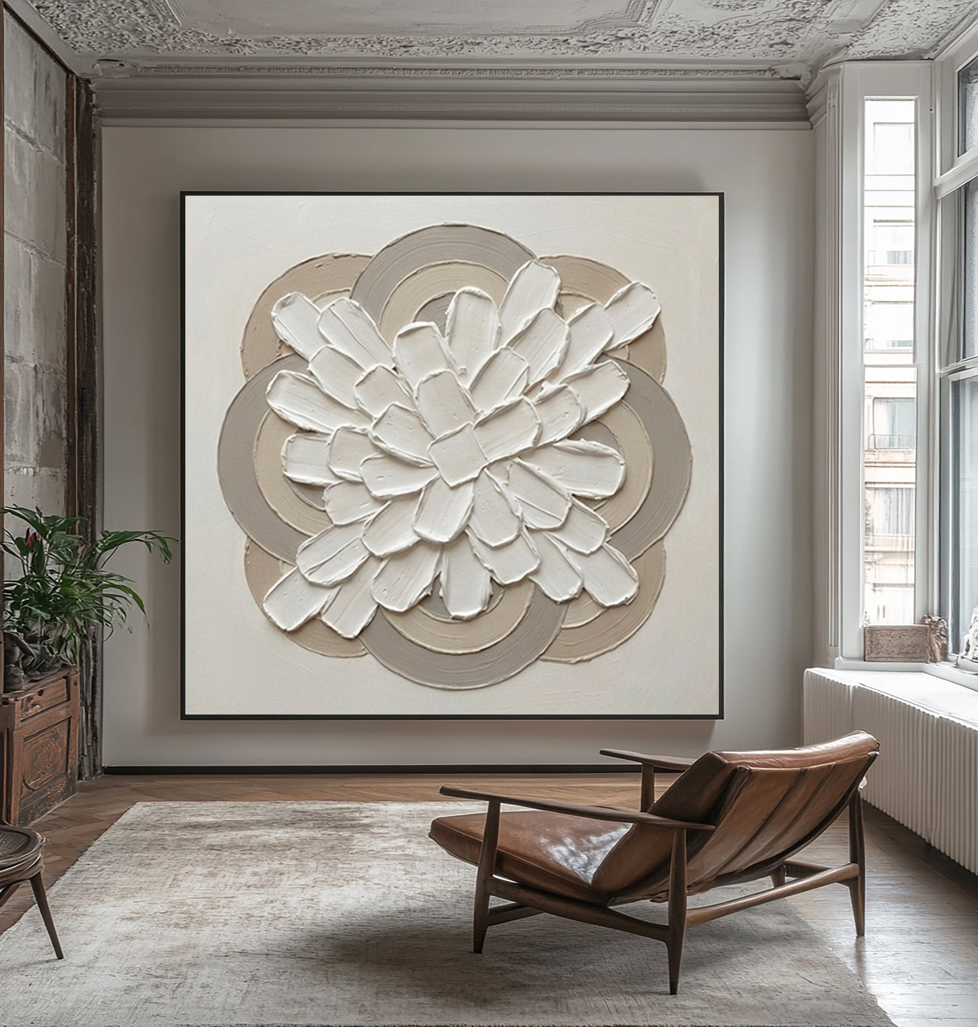 Large Petal Relief Mandala Wall Art Hand Painted Texture Painting