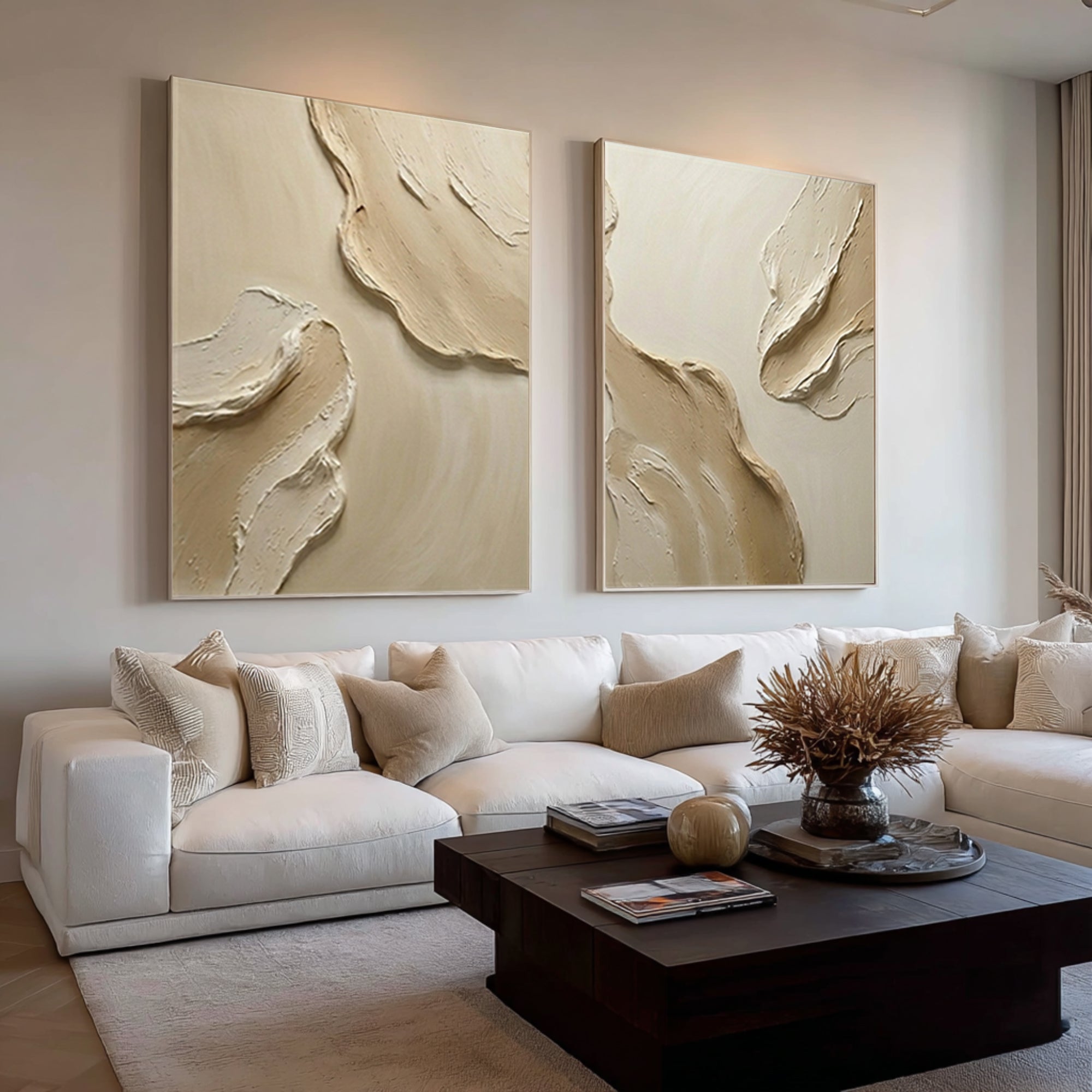 Large Neutral Textured Diptych Wall Art Beige Abstract Canvas Set