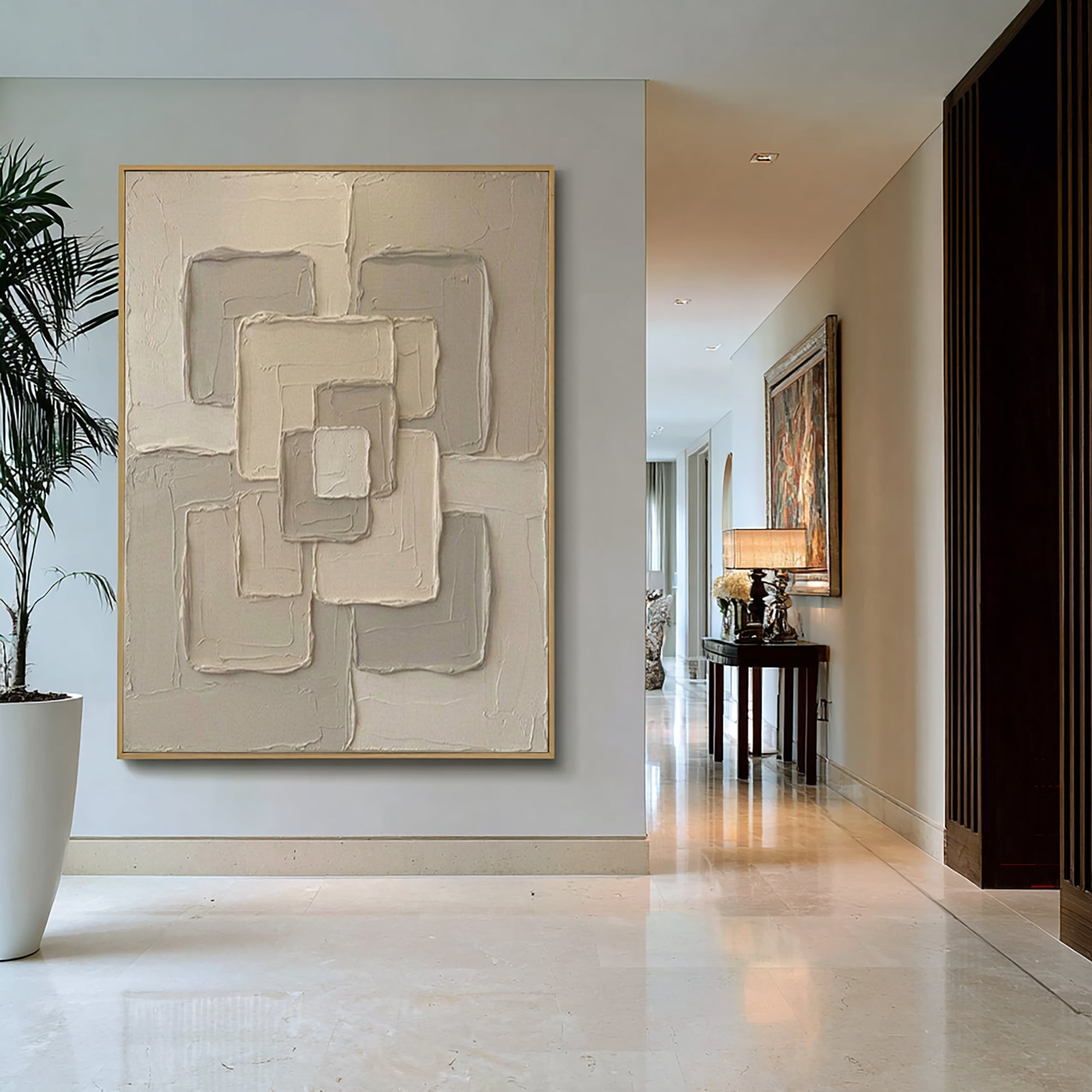 Large Neutral Interlocking Geometric Wall Art Textured Abstract Canvas