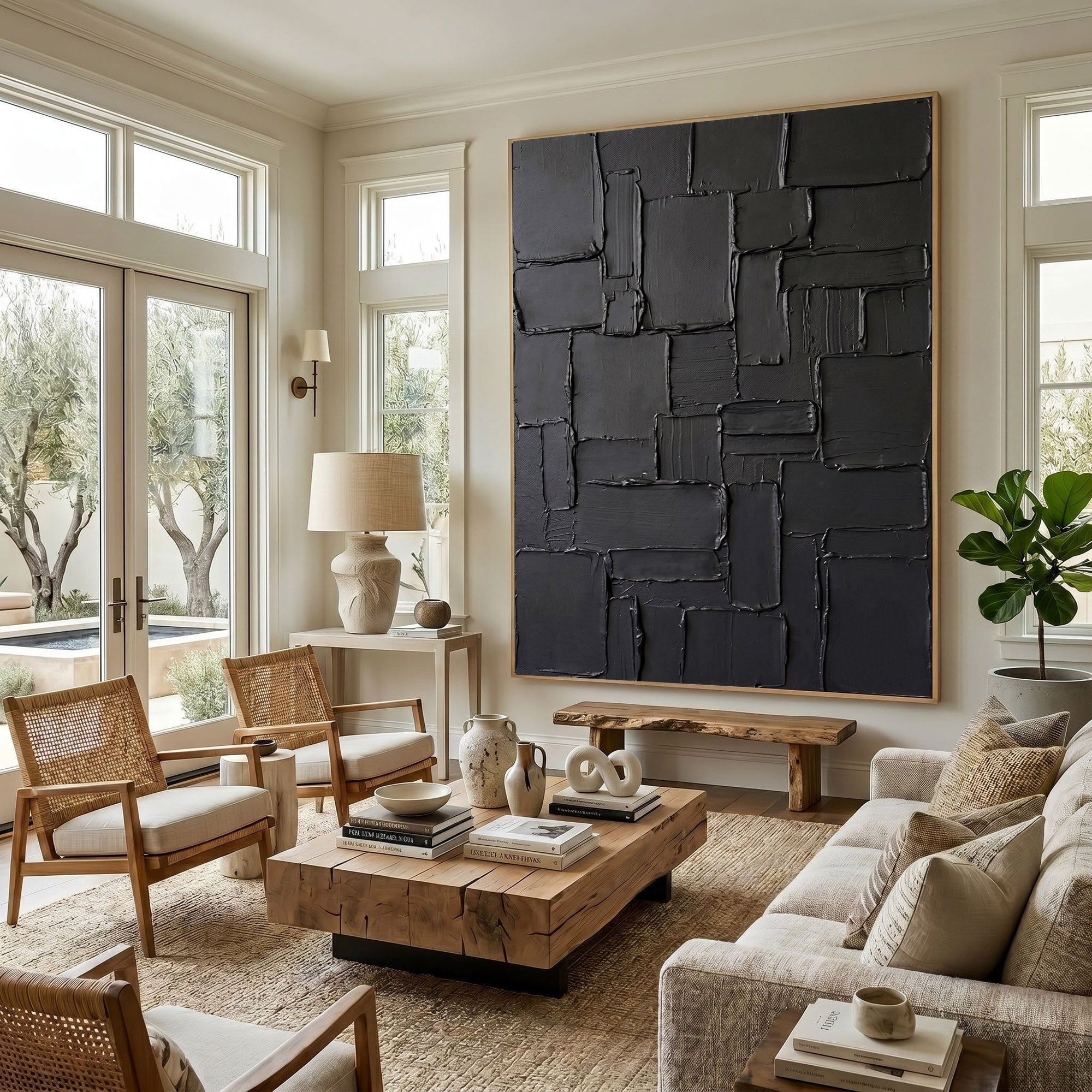 Large Black Textured Wall Art Abstract Oil Painting Modern Impasto Minimalist Contemporary Luxury Decor
