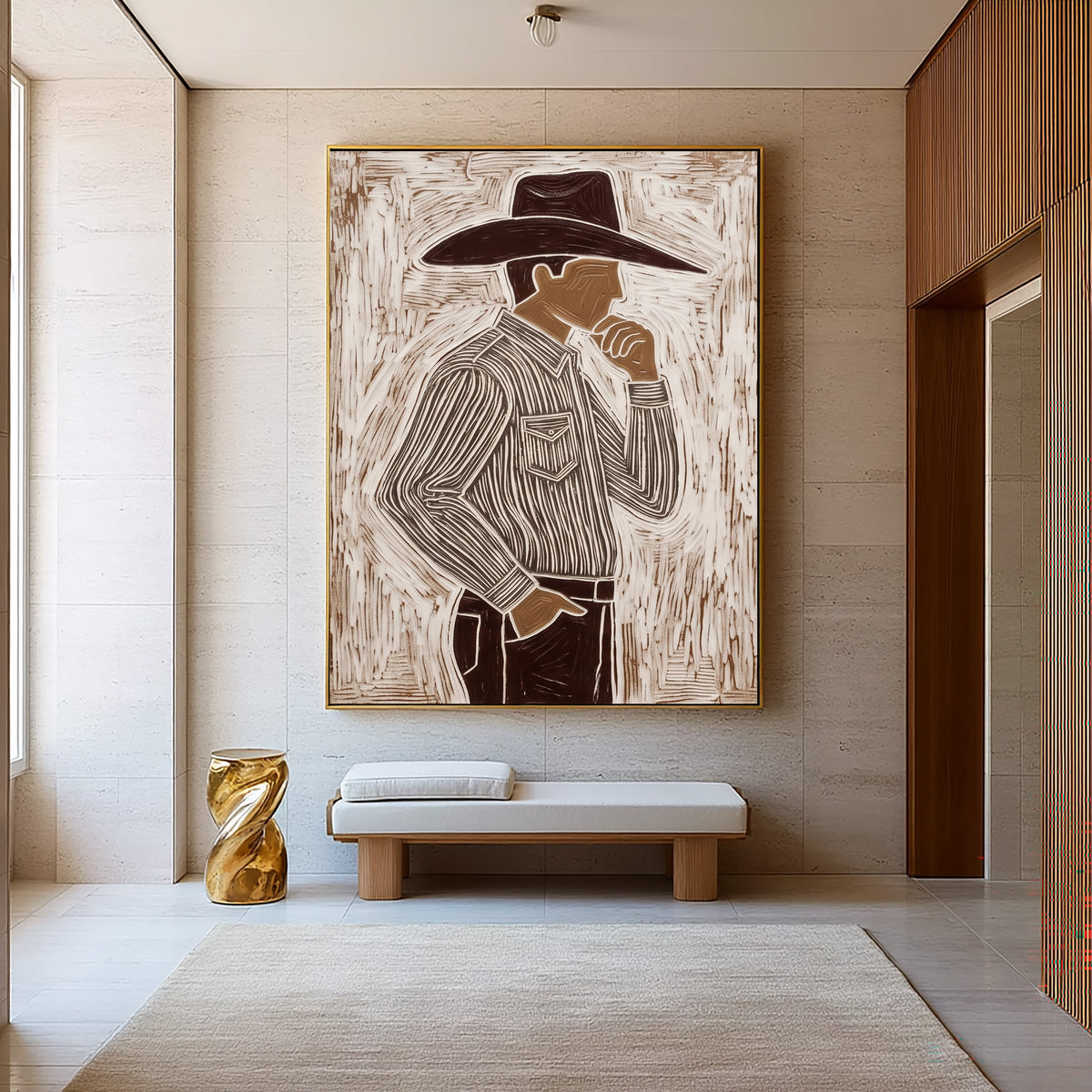 The Man Beneath the Brim Western Cowboy Painting Contemporary Figurative Hand Painted Wall Art
