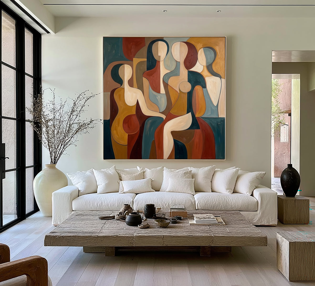 Large Modern Abstract Female Figures Wall Art Colorful Figurative Oil Painting Geometric Women Portrait Contemporary Living Room Decor