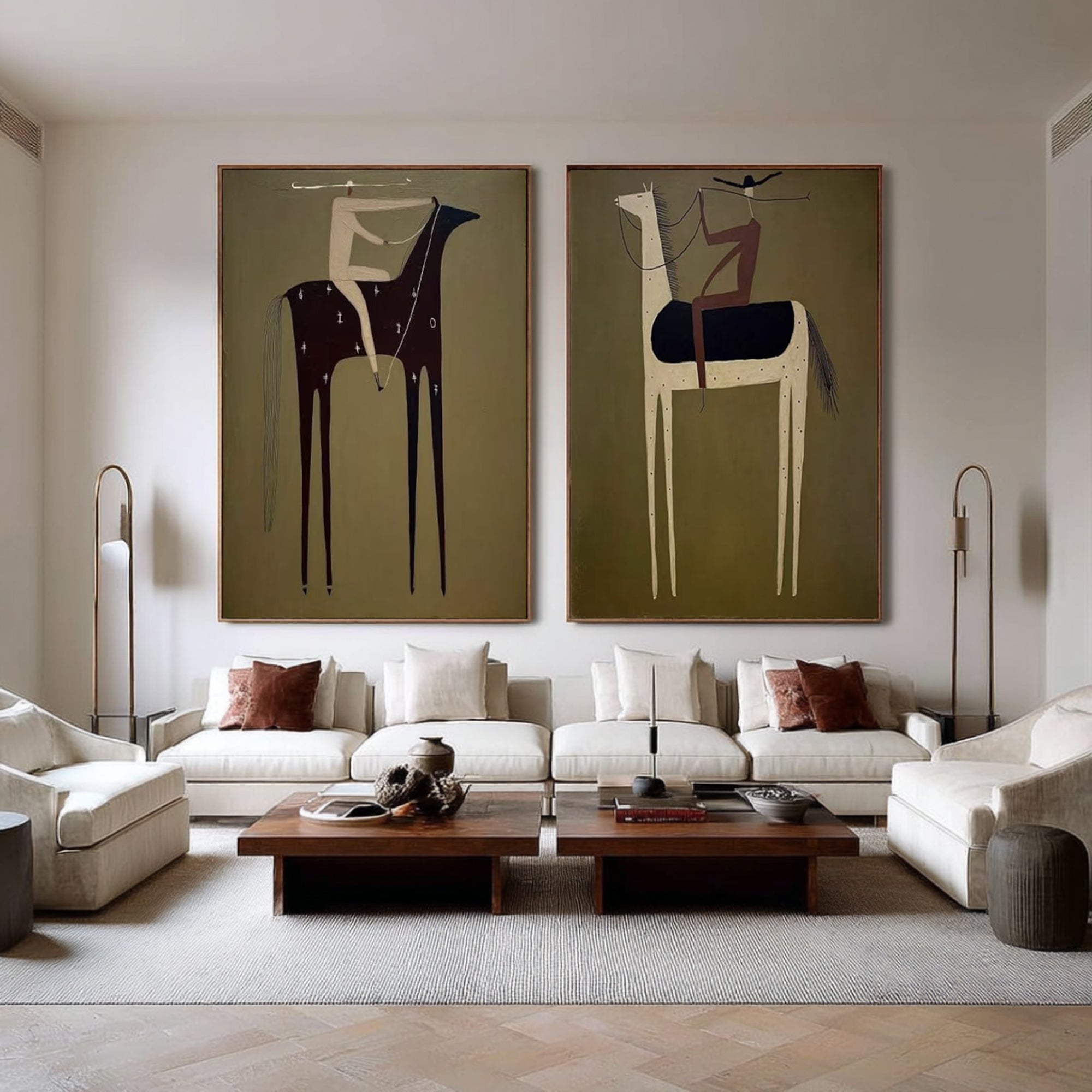 Large Contemporary Equestrian Wall Art Neutral Horse Painting Set