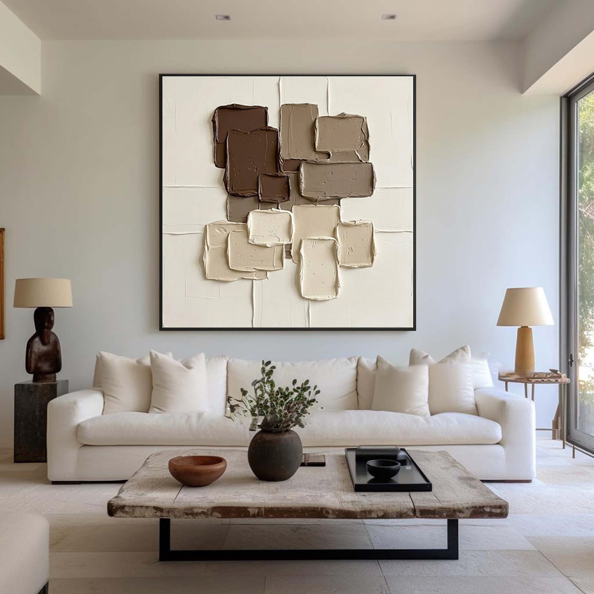Large Earth Tone Relief Wall Art Neutral Brown Textured Painting
