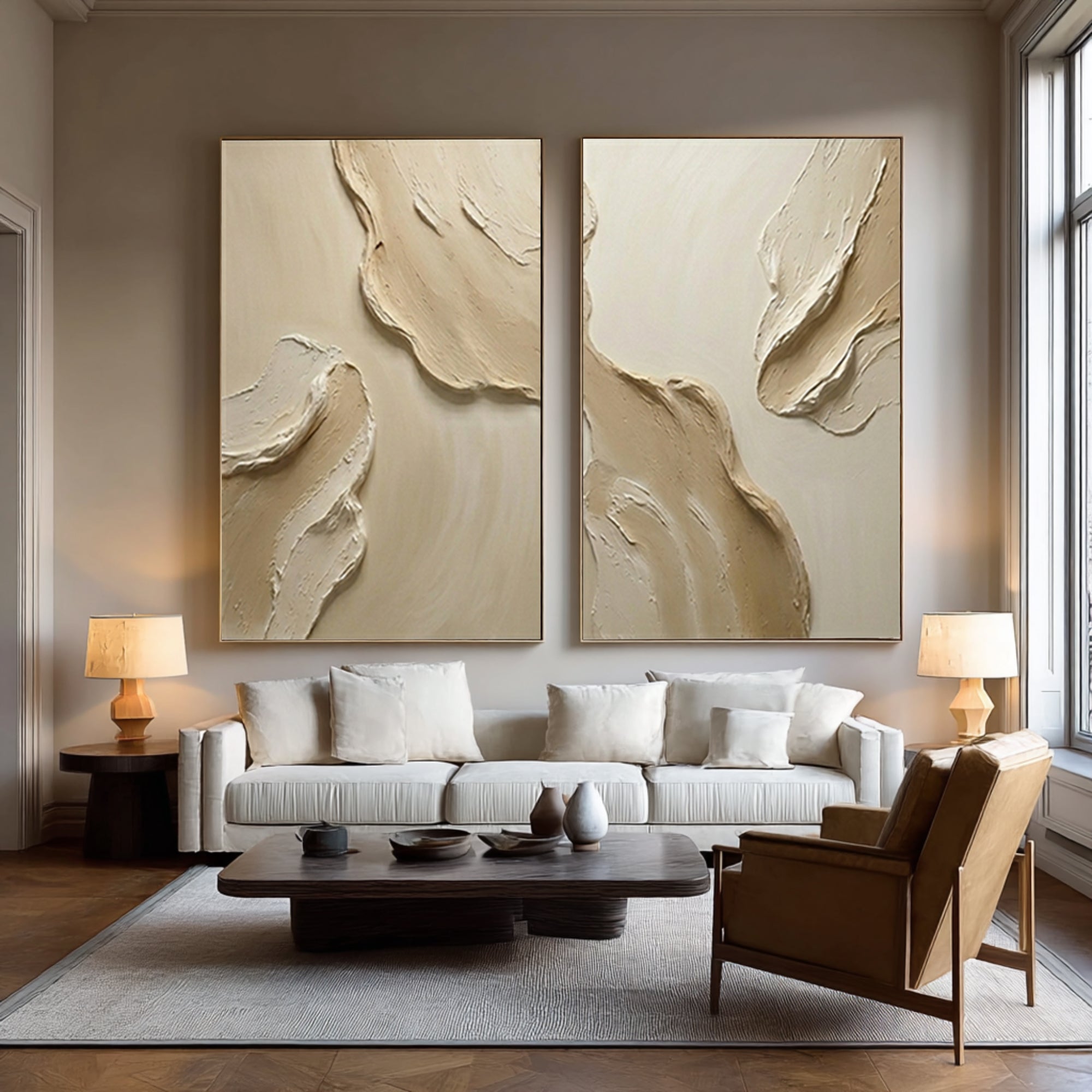 Large Neutral Textured Diptych Wall Art Beige Abstract Canvas Set