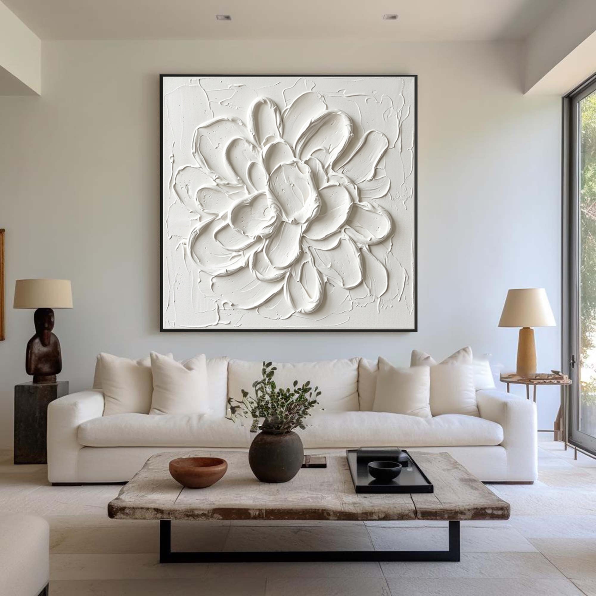 Large Blooming Relief Texture Canvas Art Contemporary Neutral Wall Decor