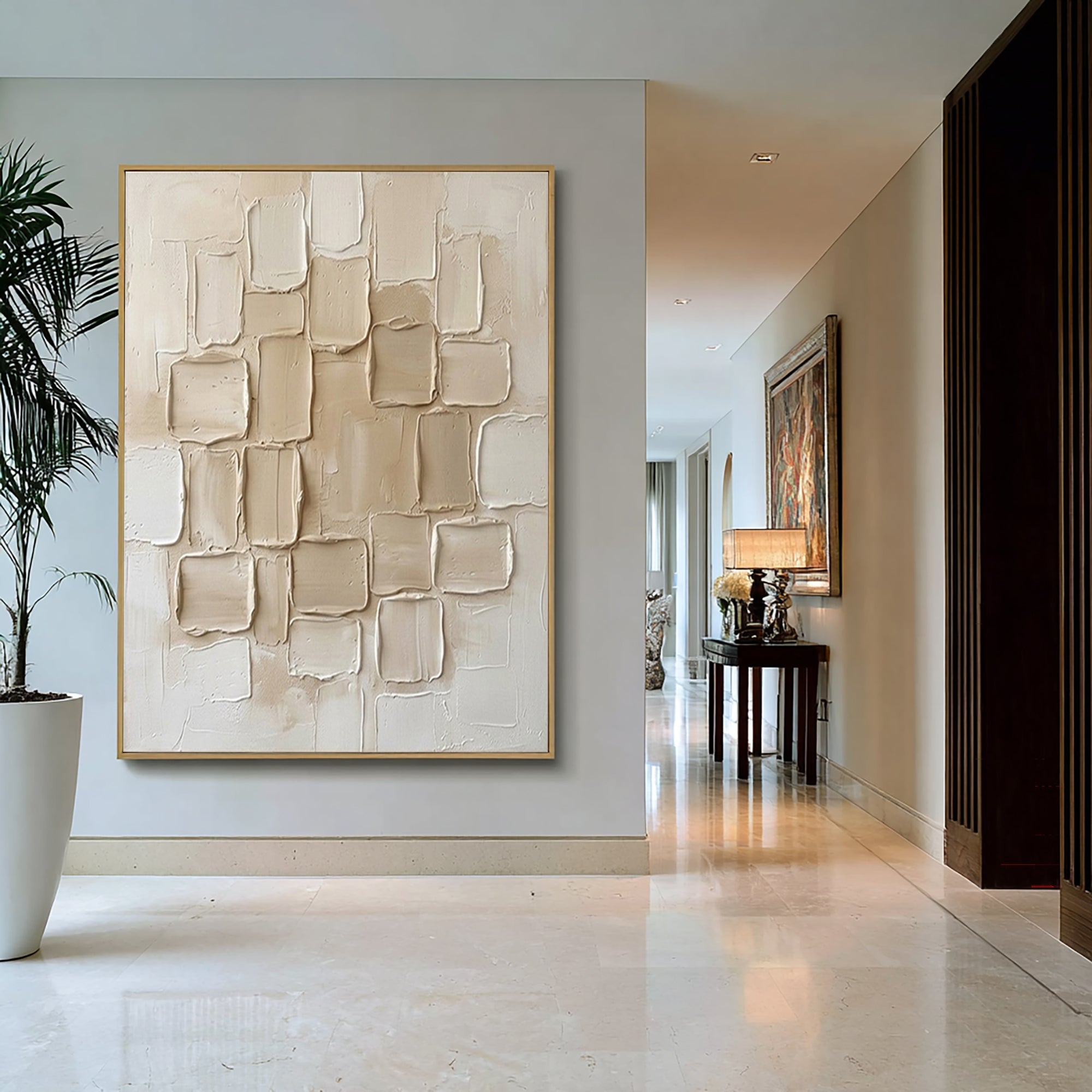 Large Cream Geometric Textured Wall Art Modern Neutral Canvas Decor