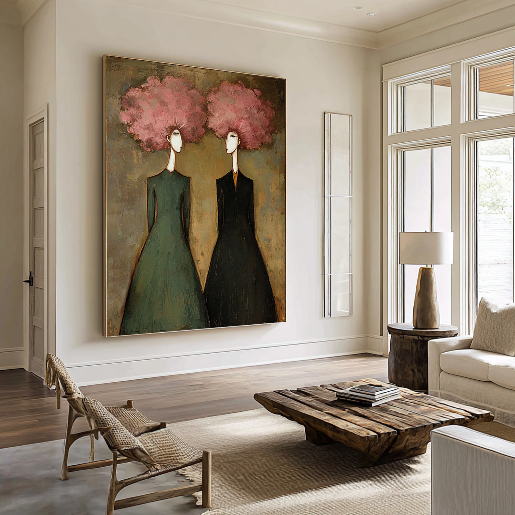 Large Abstract Pink Portrait Oil Painting – Modern Green and Black Wall Decor #WAB 044