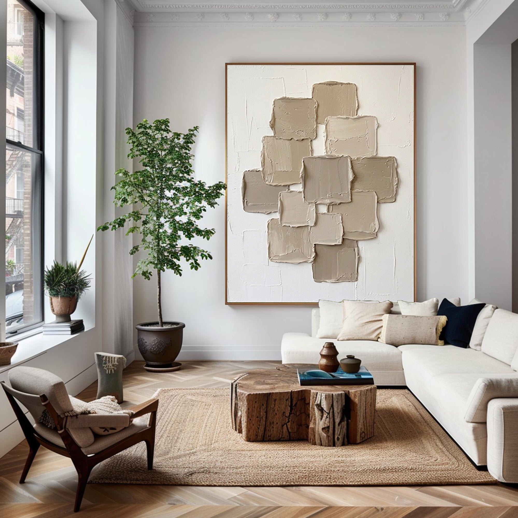 Large Stacked Cubes Textured Canvas Art Contemporary Neutral Wall Decor