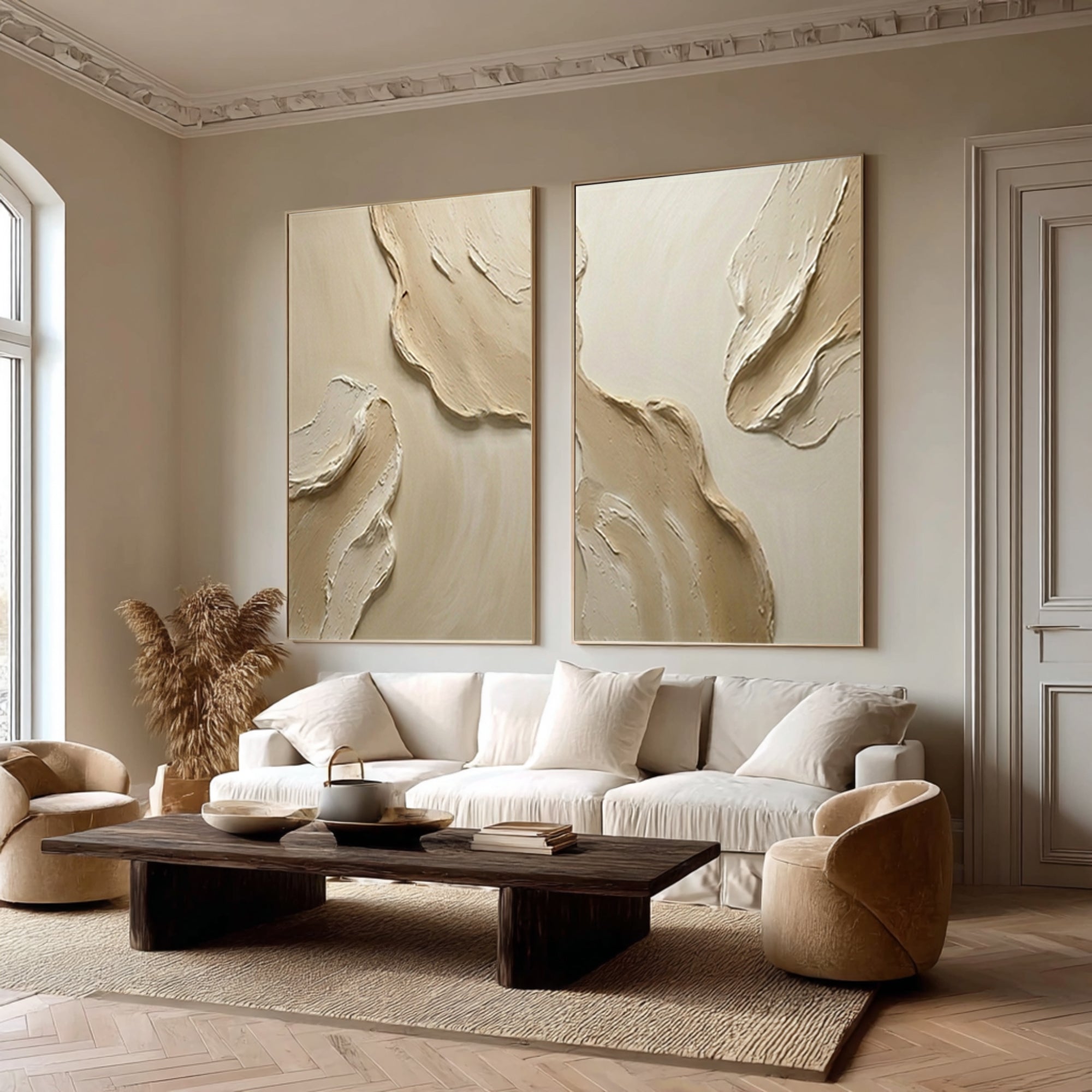 Large Neutral Textured Diptych Wall Art Beige Abstract Canvas Set