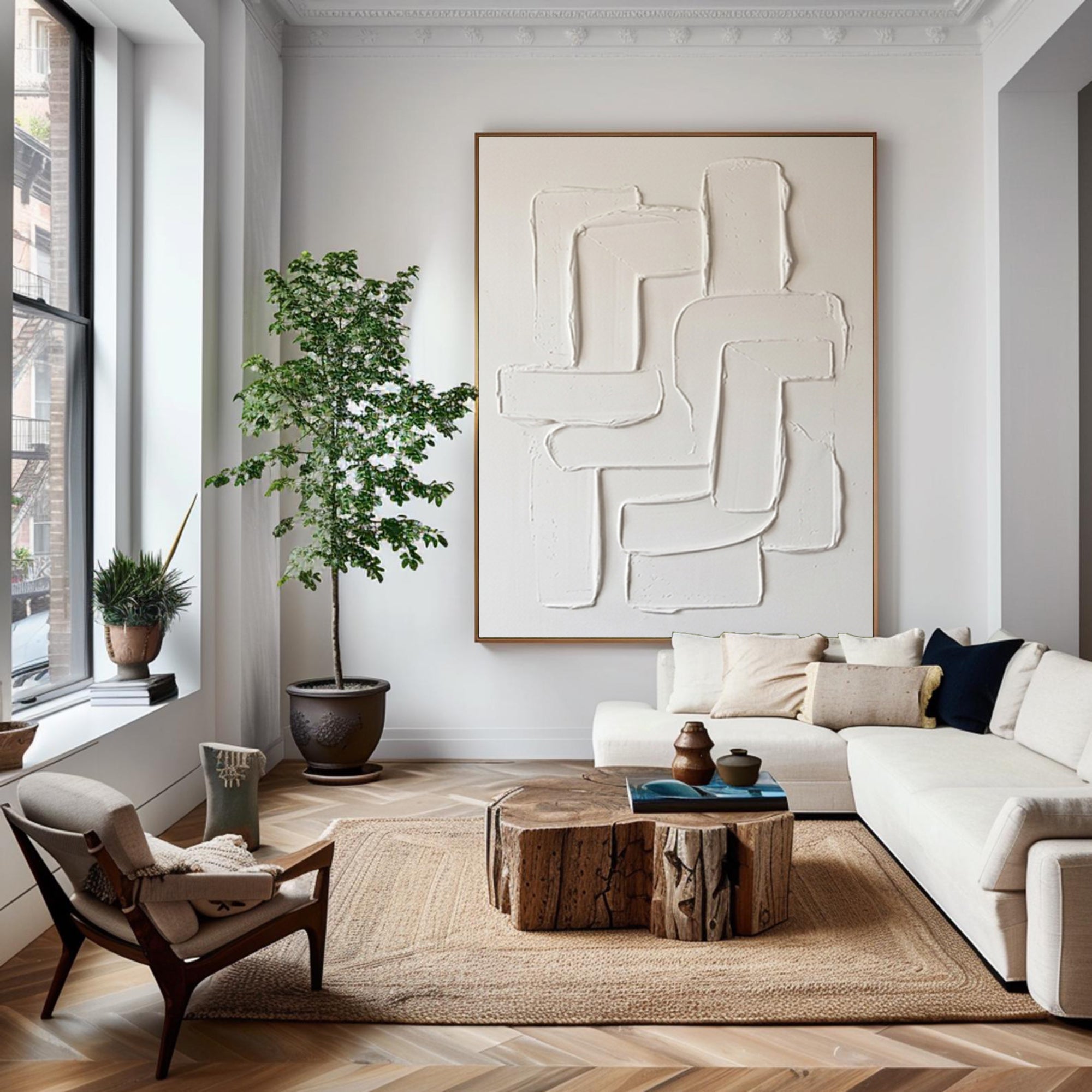Large White Textured Abstract Wall Art Minimalist Relief Canvas Painting