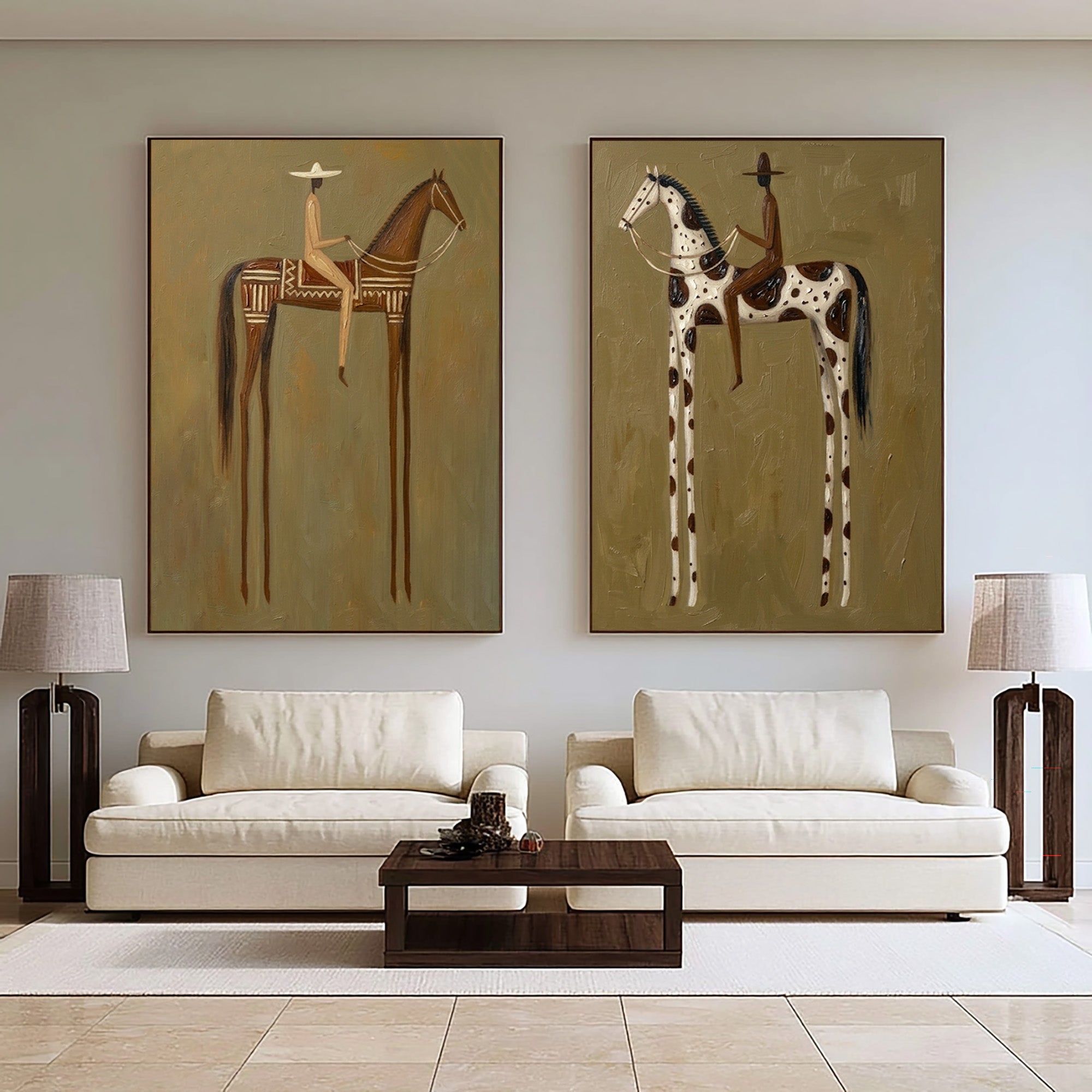 Large Cowboy Cowgirl Wall Art Western Ranch Horse Oil Painting Diptych