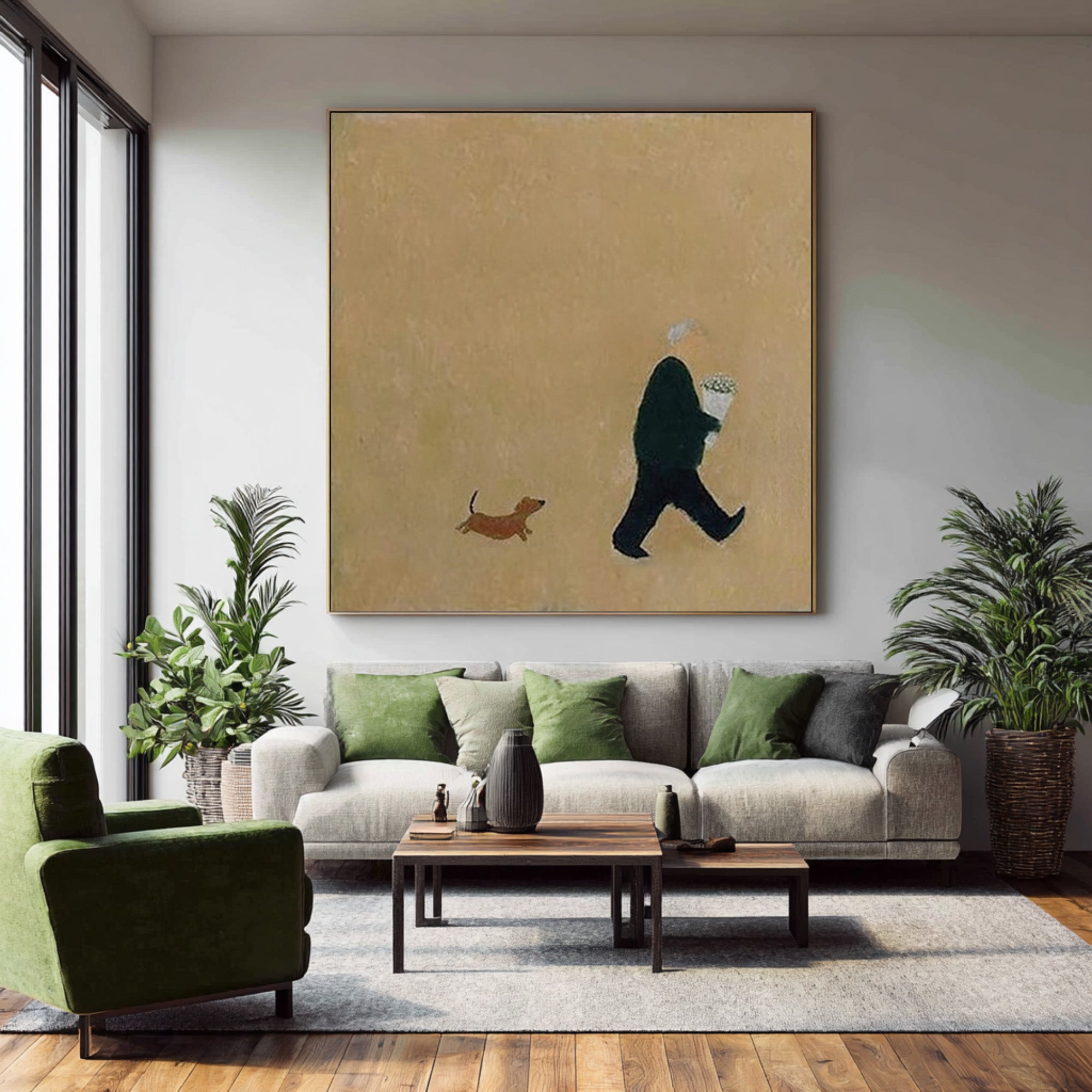 Large Abstract Oil Painting Figure and Dog, Minimal Warm Wall Art for Home Decor | ArtvistaGallery #WAB 015