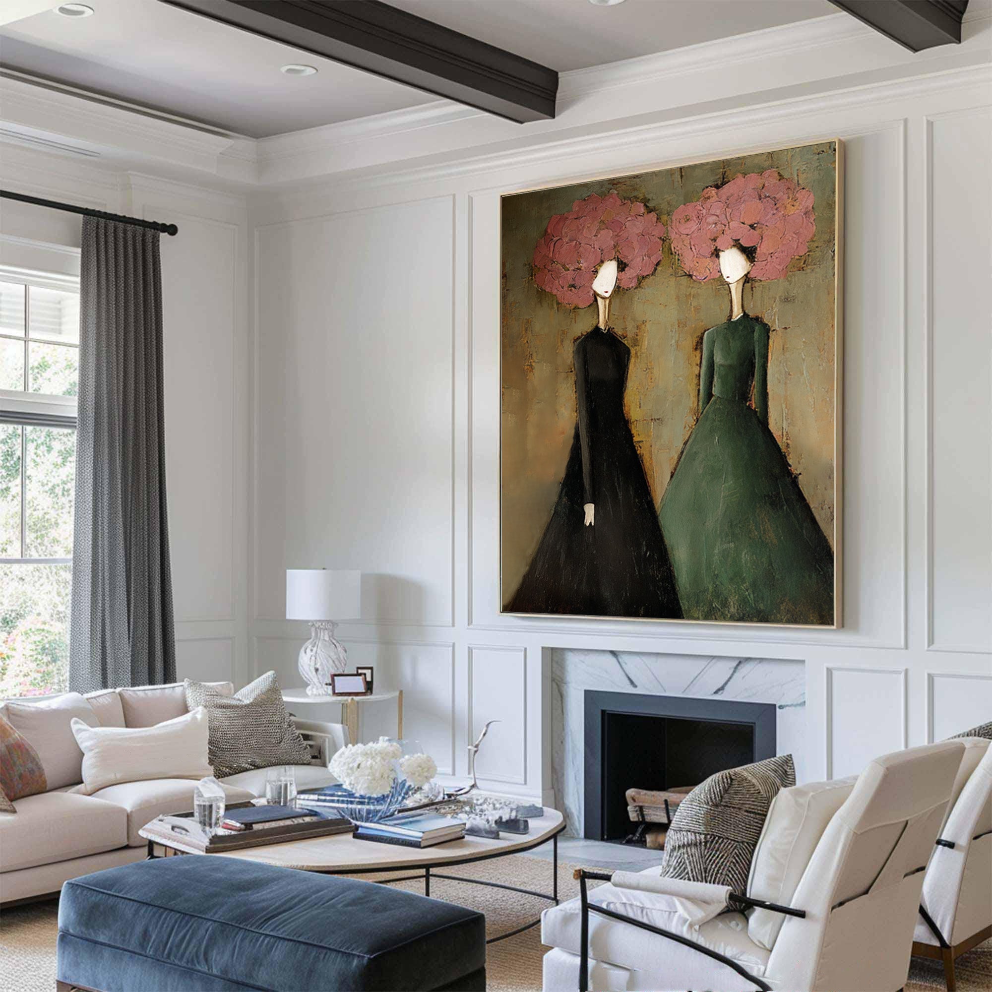 Large Modern Portrait Oil Painting on Canvas – Elegant Green Figurative Wall Art Decor #WAB 037