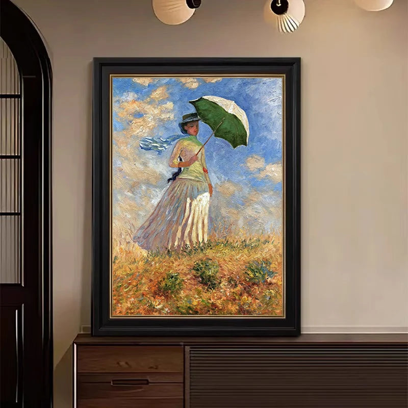 Afternoon Light Across The Meadow Impressionist Painting Woman Parasol Landscape Wall Art
