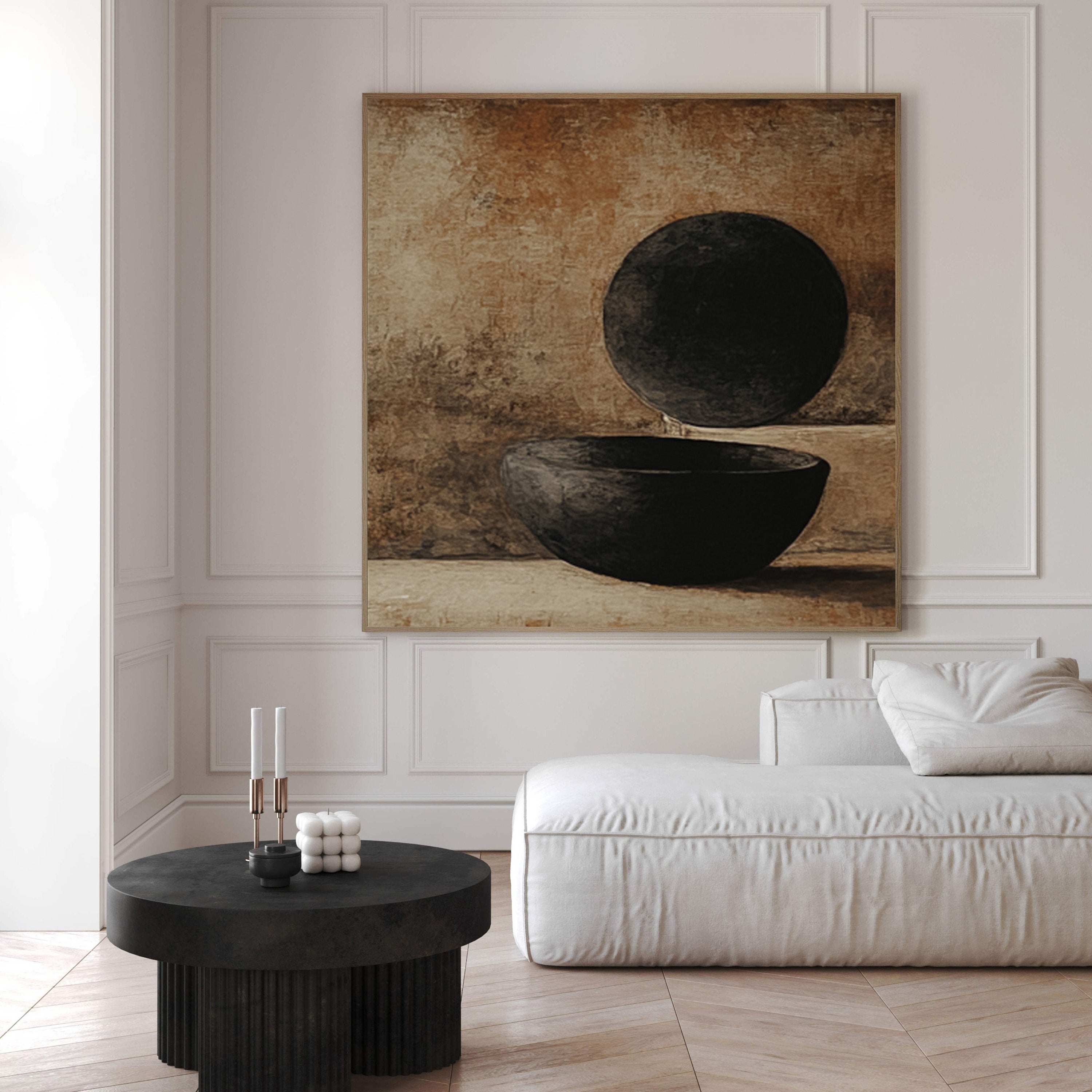 Minimalist Art with Dark Geometric Forms on Textured Canvas #BGA 193