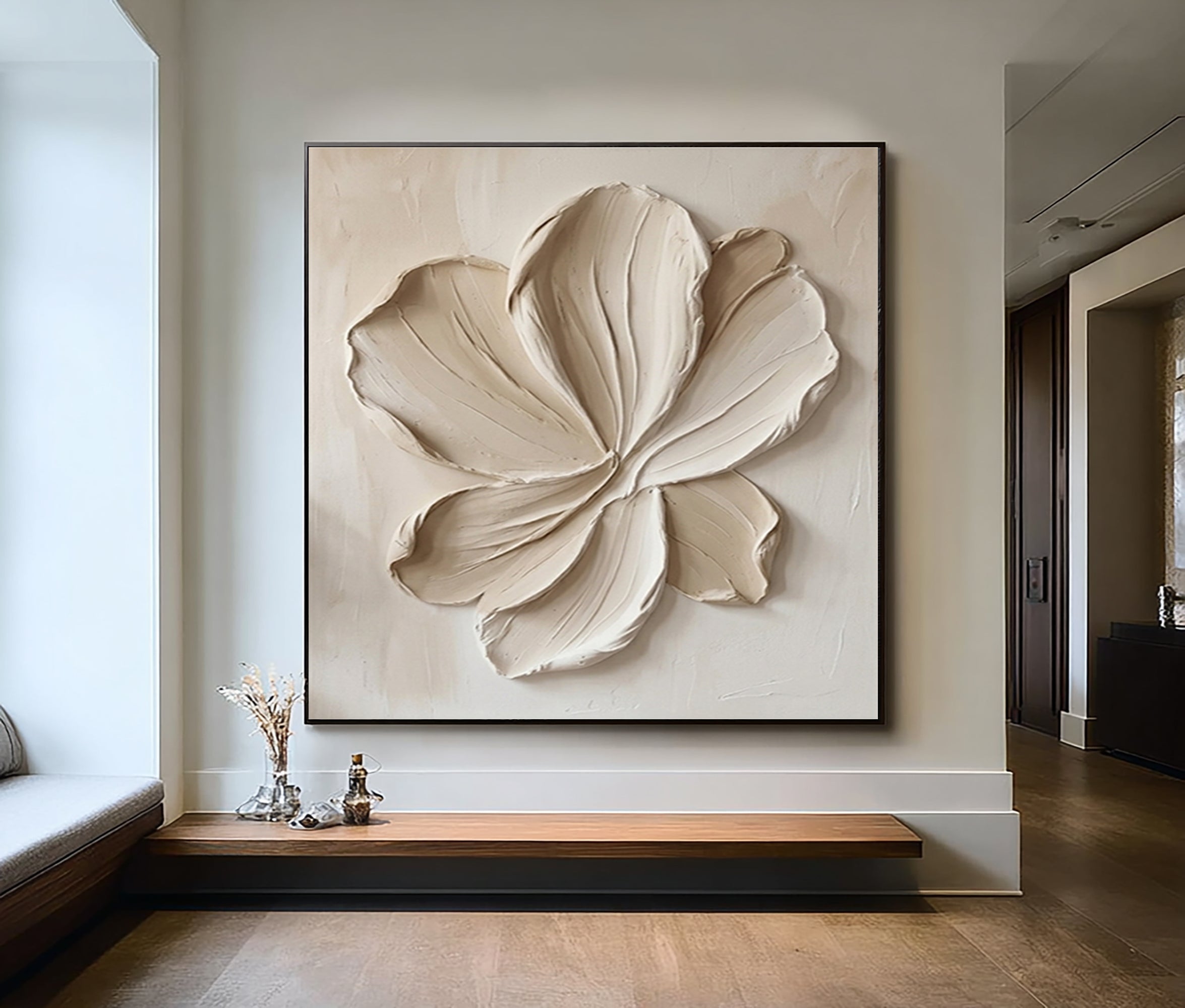 Large Botanical Relief Wall Art Contemporary Neutral Floral Canvas Painting