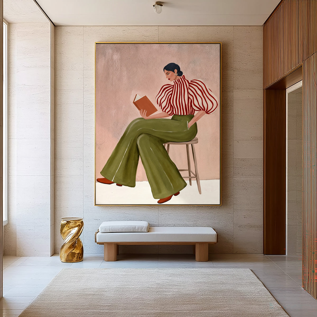 Fashion Woman Reading Book Striped Blouse Olive Green Pants Painting