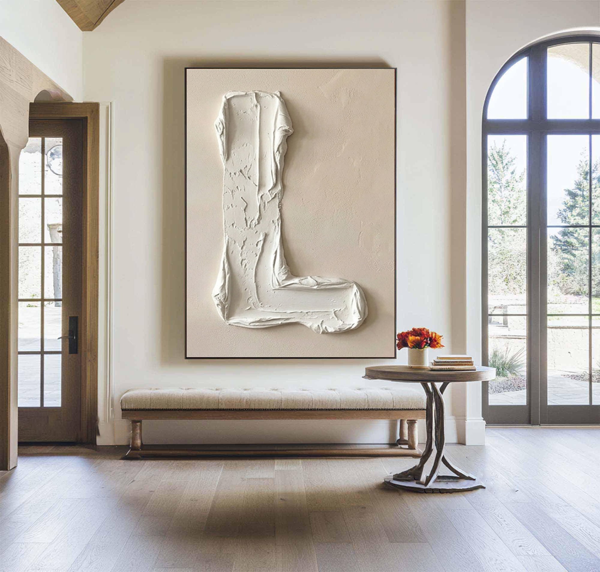 Large Minimal Letter Oil Painting – Contemporary Neutral Texture Wall Art