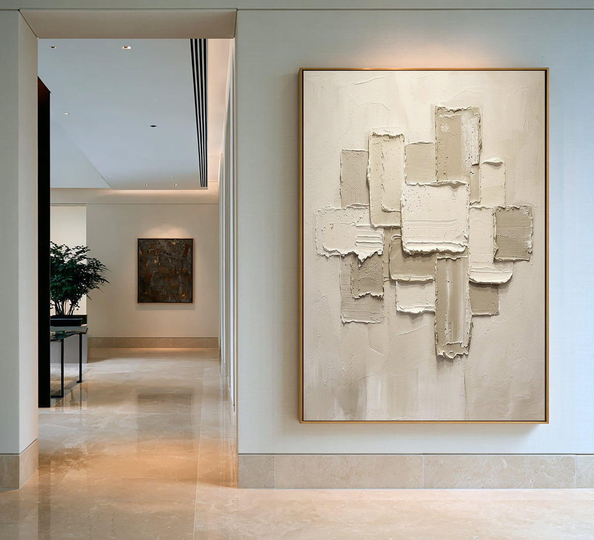 Large Minimalist White Abstract Relief Wall Art Textured Oil Painting 3D Geometric Sculptural Artwork Modern Luxury Living Room Decor