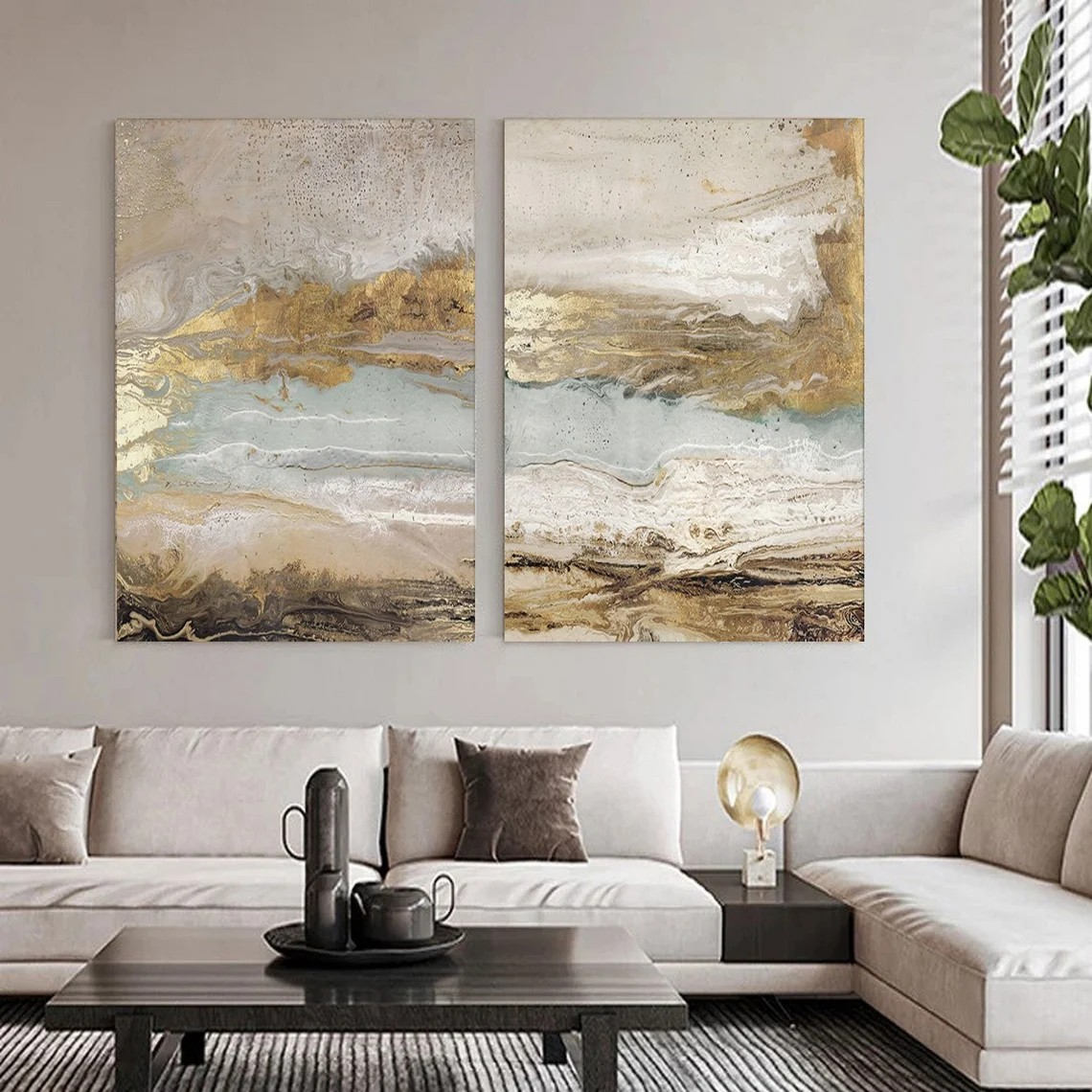Modern Abstract Landscapes, Neutral Canvas With Gold #BGA 108