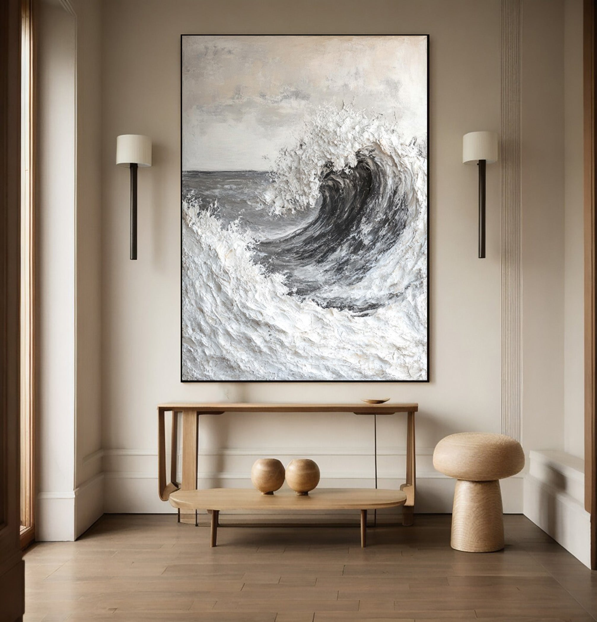Textured Ocean Wave Wall Painting in Grayscale Impasto #BGA 201