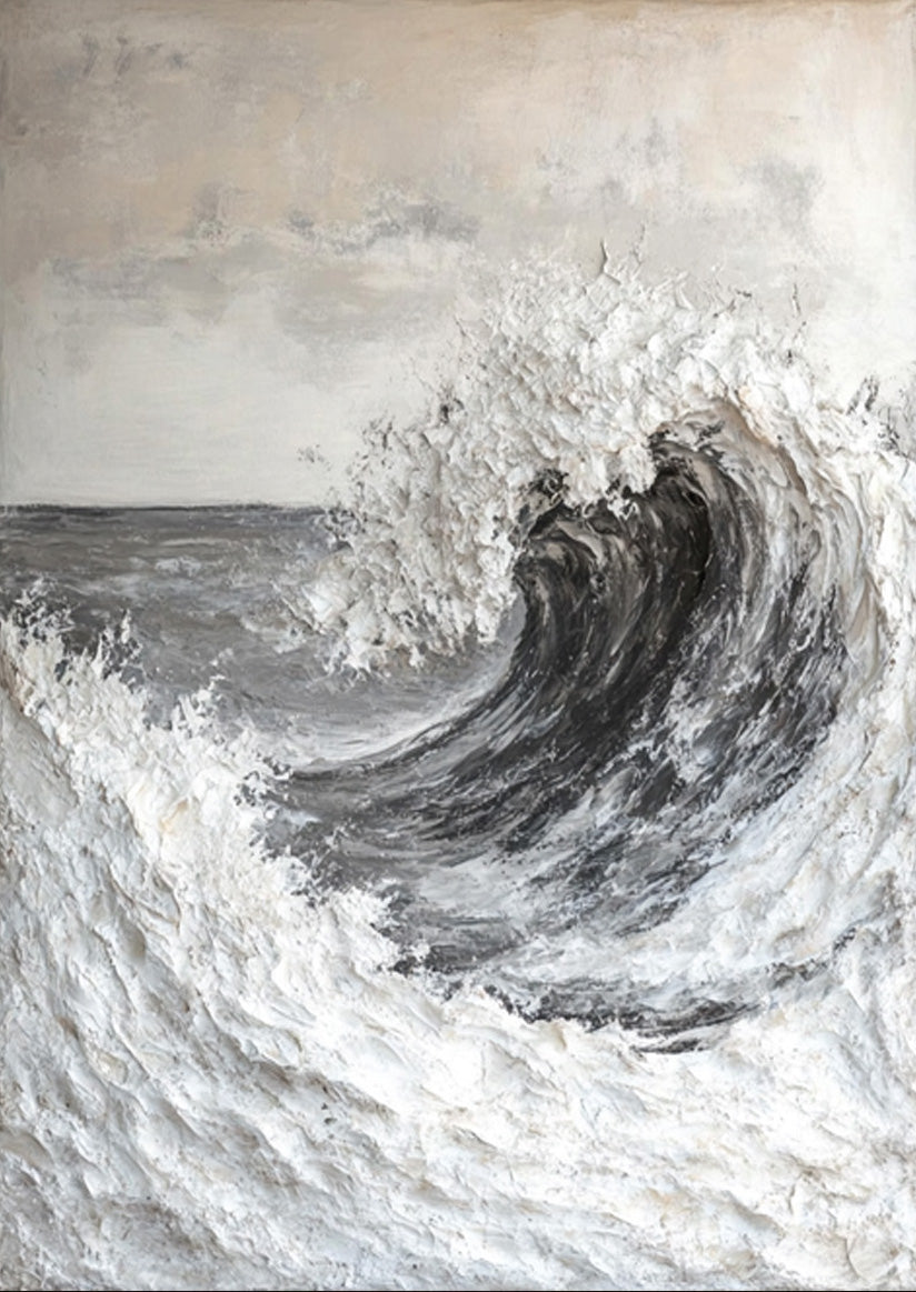 Textured Ocean Wave Wall Painting in Grayscale Impasto #BGA 201