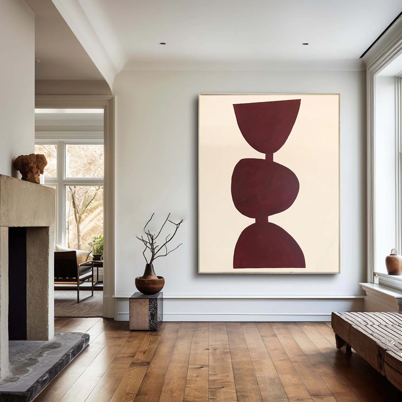 Large Burgundy Abstract Geometric Wall Art Minimalist Canvas Painting