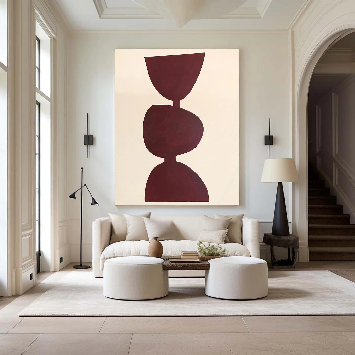 Large Burgundy Abstract Geometric Wall Art Minimalist Canvas Painting