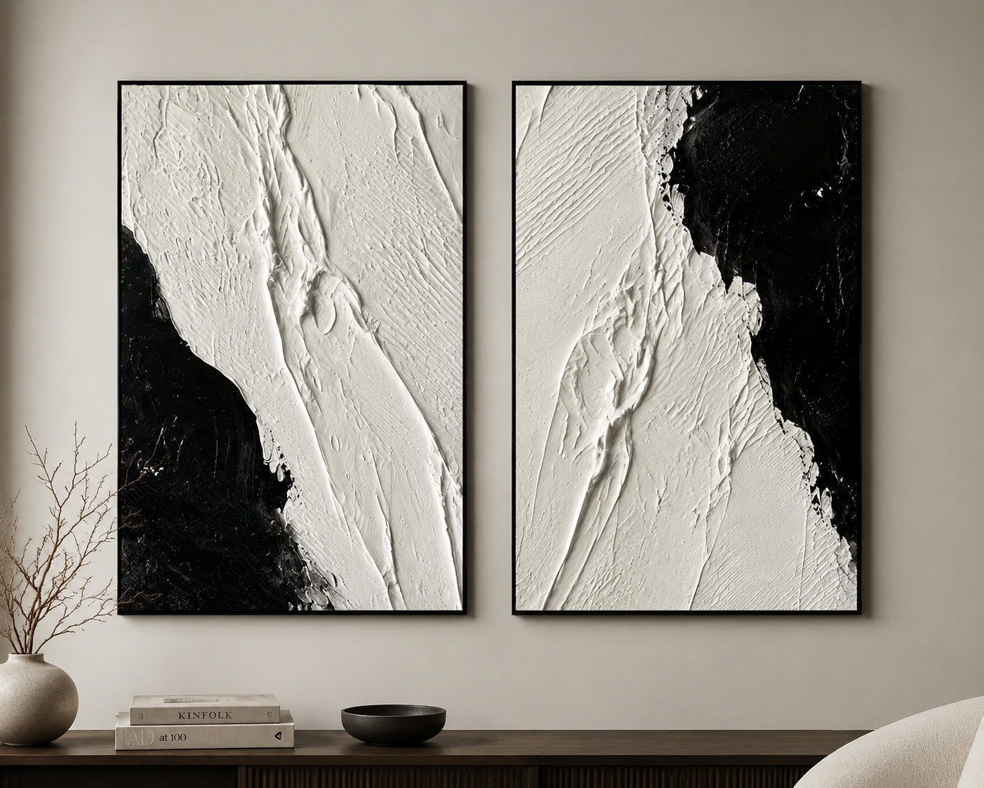 Two vertical framed abstract wall art panels.