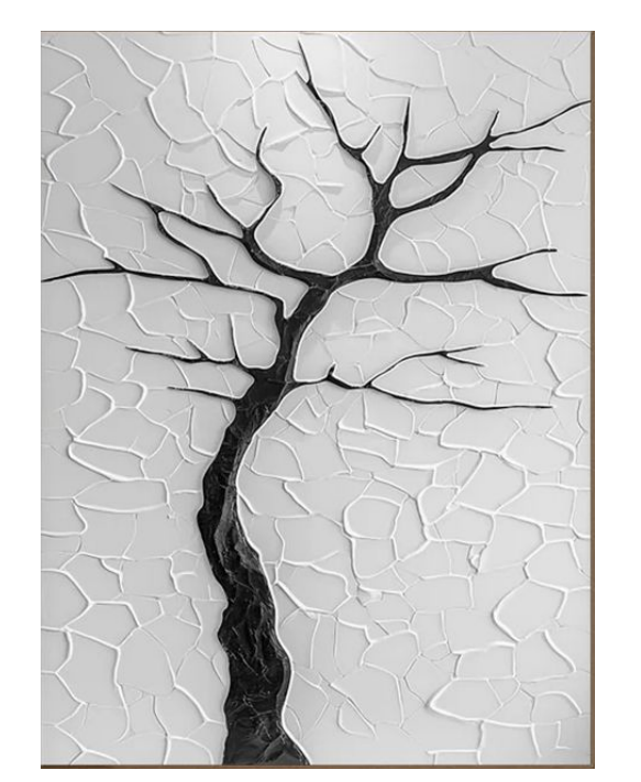 A square black-and-white textured wall art piece.