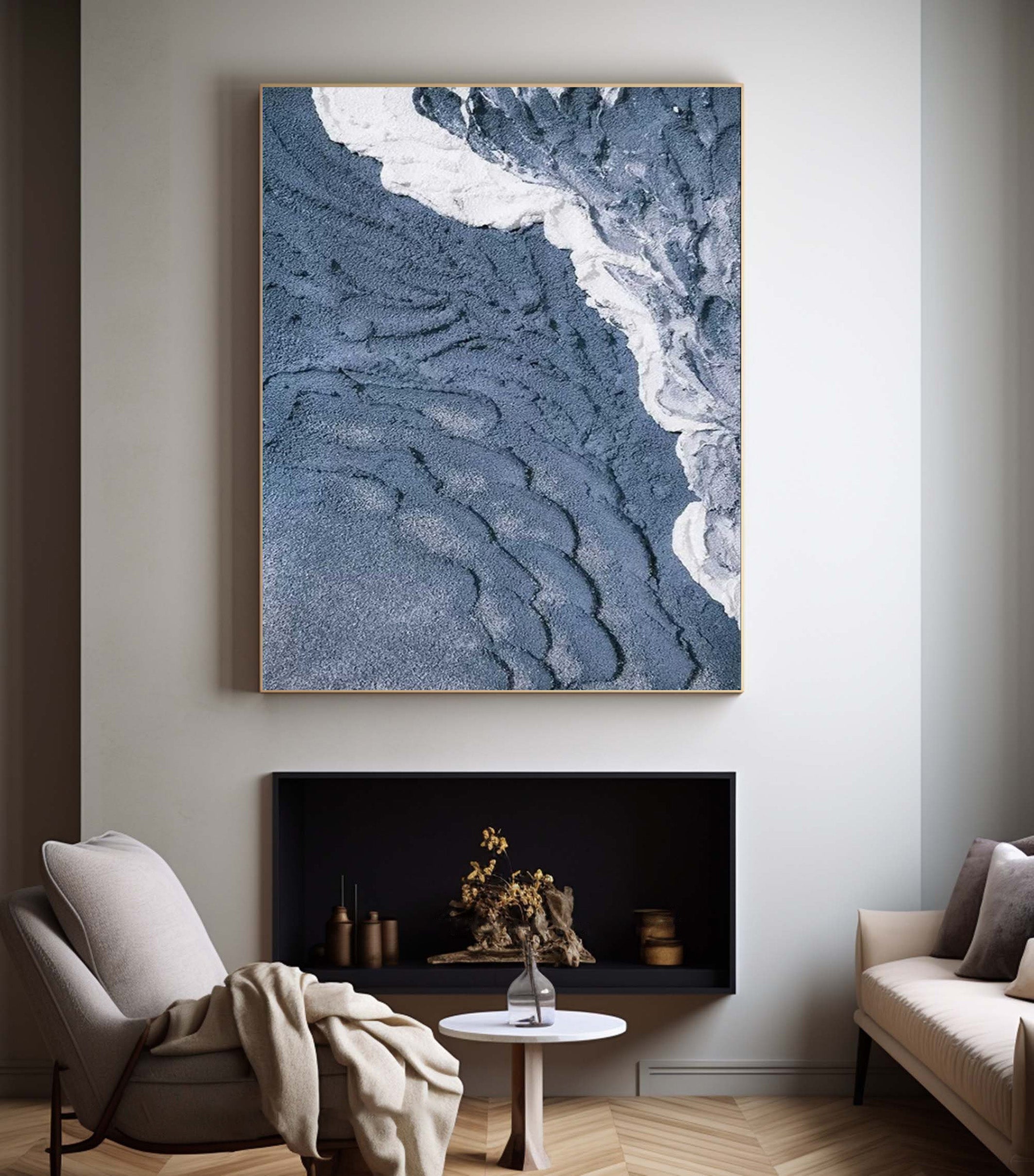 3D Textured Aerial Seascape, Minimalist Blue and White Art #BGA 164