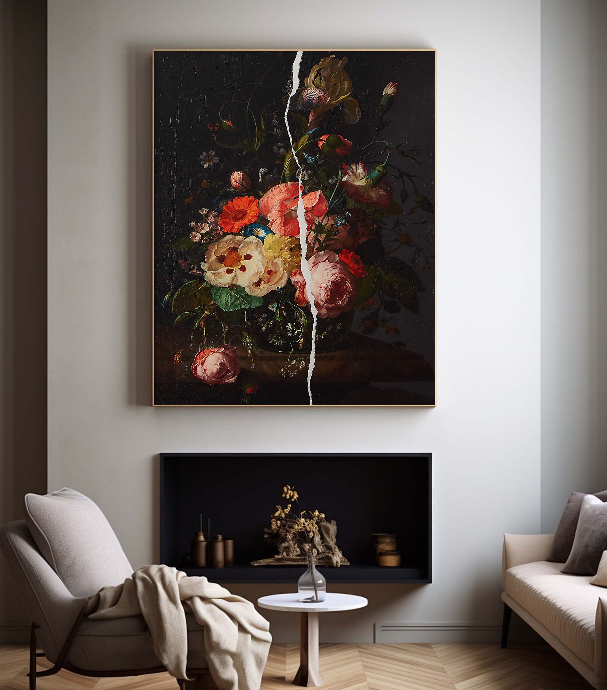 Flowers With White Crack, Large Contemporary Wall Art #BGA 043