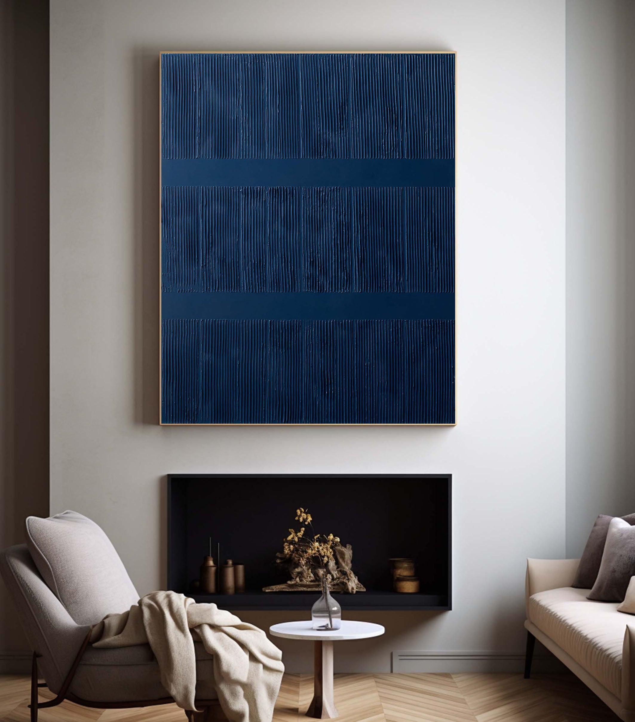 Textured Blue Abstract Minimalist Canvas With Vertical Lines #BGA 040