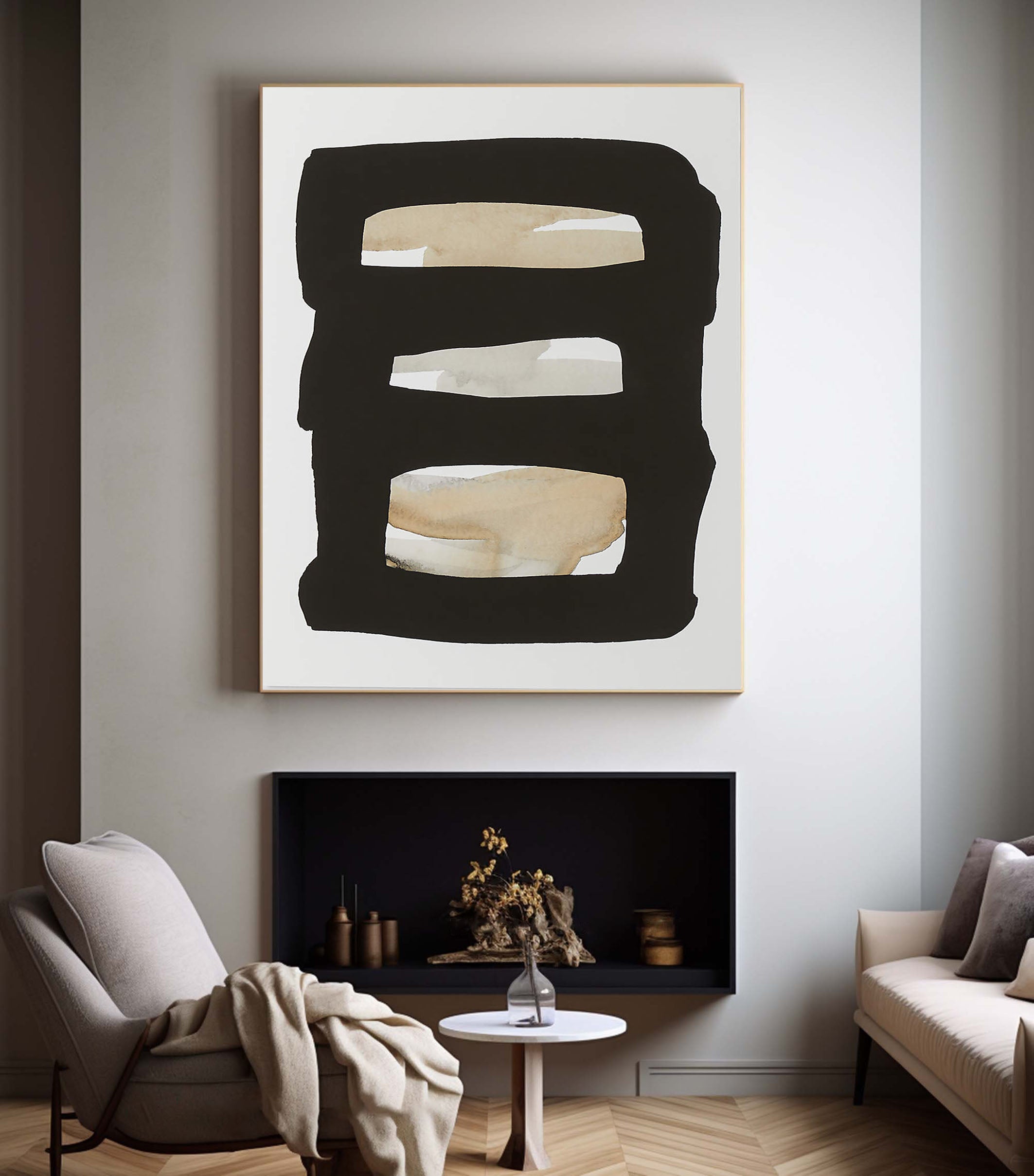Black Frame with Beige and White Bands, Contemporary Canvas #BGA 050