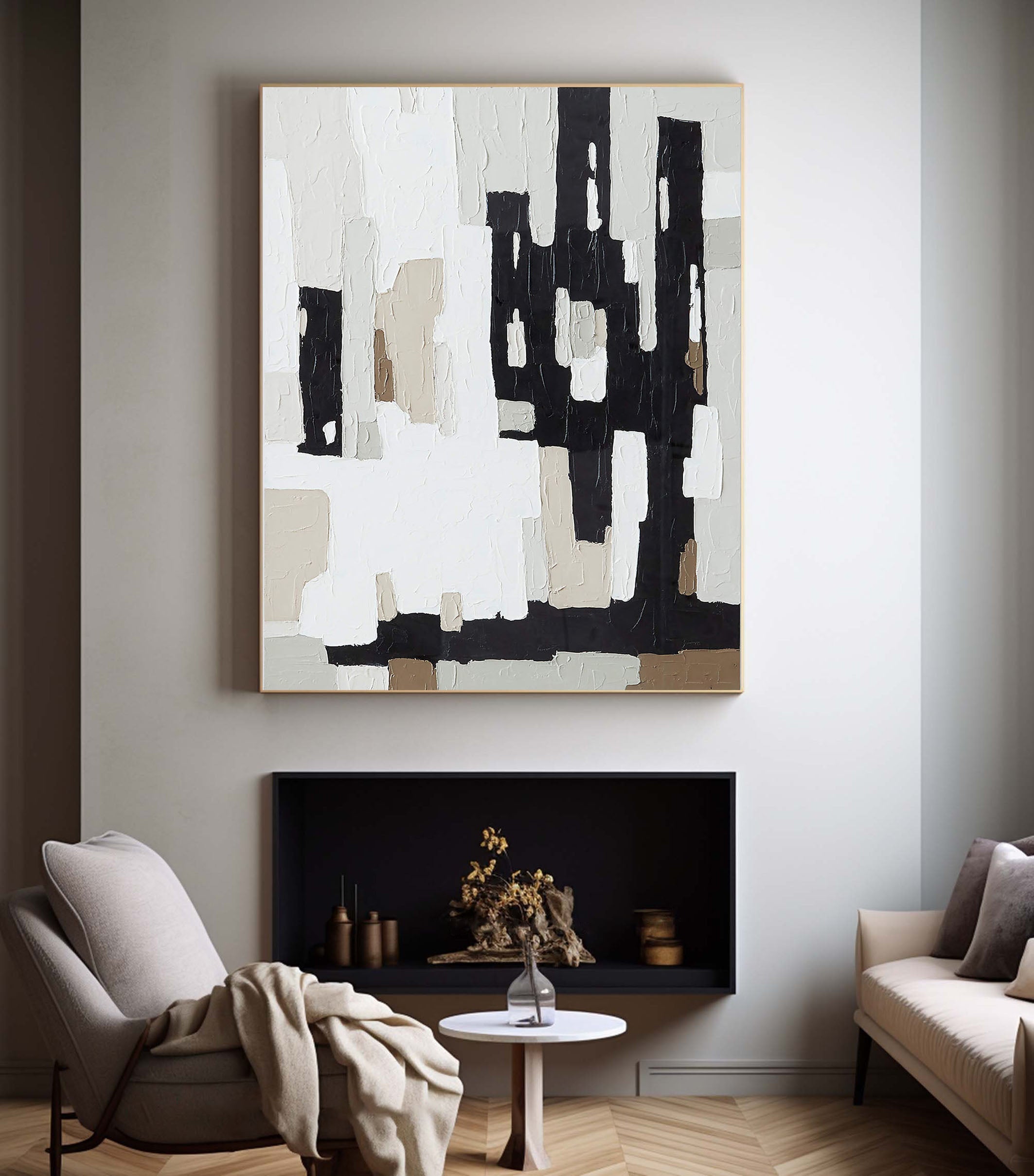 Abstract Geometric Painting With Black, White And Beige #BGA 039